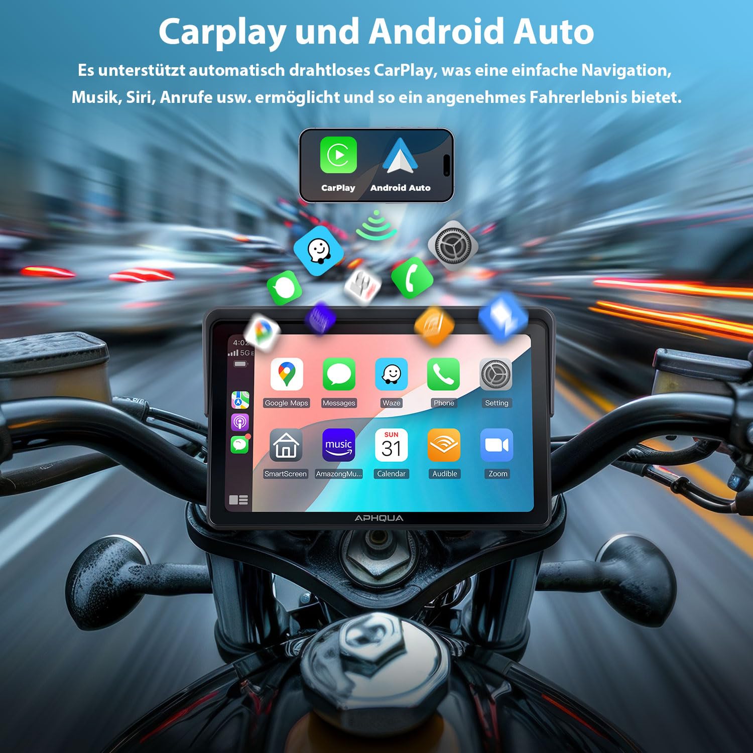 Motorrad Carplay Display 7 Zoll IP67 Wasserdichter Touchscreen, Tragbares CarPlay und Android Auto für Motorrad, unterstützt Bluetooth Trans, GPS-Navigation, Siri – 722