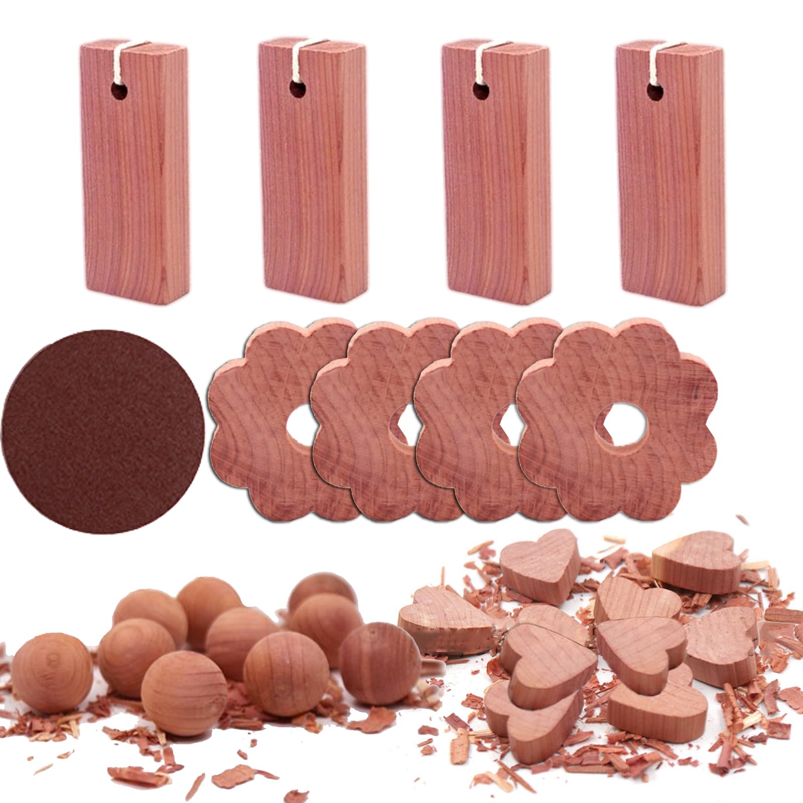 Cedar Blocks for Clothes Storage, 28 Pcs Cedar Blocks for Closet, 100% Aromatic Red Ceder Blocks/Cedar Balls/Cedar Chips (4* Sticks, 4* Flowers, 10* Balls, 10* Hearts)