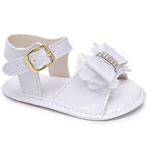 Sandália Bebê Meniana RN Recém Nascida, Infantil Branca com Laço e Strass, Batizado, Primeiros Passos