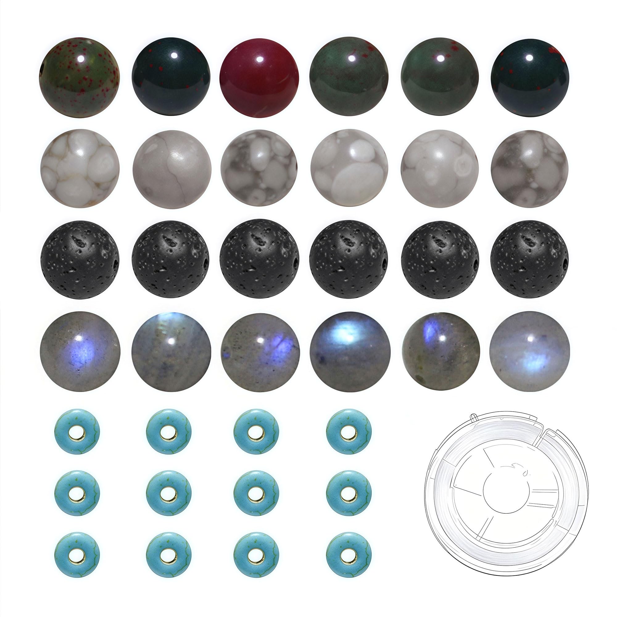 200pcs Mixed 8mm Natural Stone Beads Bloodstone Labradorite Black Lava Maifanite Round Bulk Gemstone and 6mm Synthetic Turquoise Spacers for Jewelry Making Bracelet Necklace