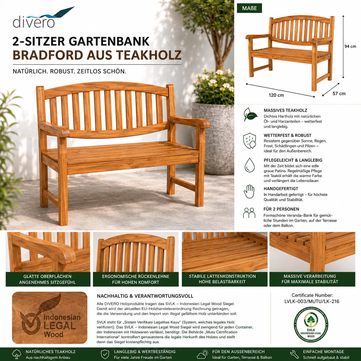 Divero 2-Sitzer Gartenbank „Bradford“ aus Teakholz, behandelt