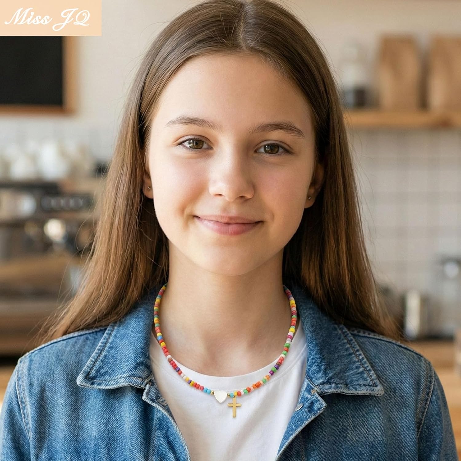 Colorful Beaded Cross Necklace for Women Girls with Pearl Heart Pendant 18K Gold Plated Stainless Steel Cross Adjustable 16+2.5 Inch Chain Perfect for Daily Wear Baptism Communion Christian Religious Gift