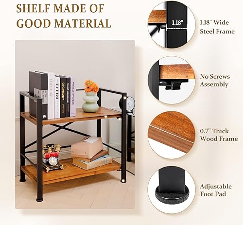 Miniatura 4 de Crofy Estantería rústica, estantería de madera real de 2 niveles, estante de metal para almacenamiento, estantería negra, 12.6 pulgadas de