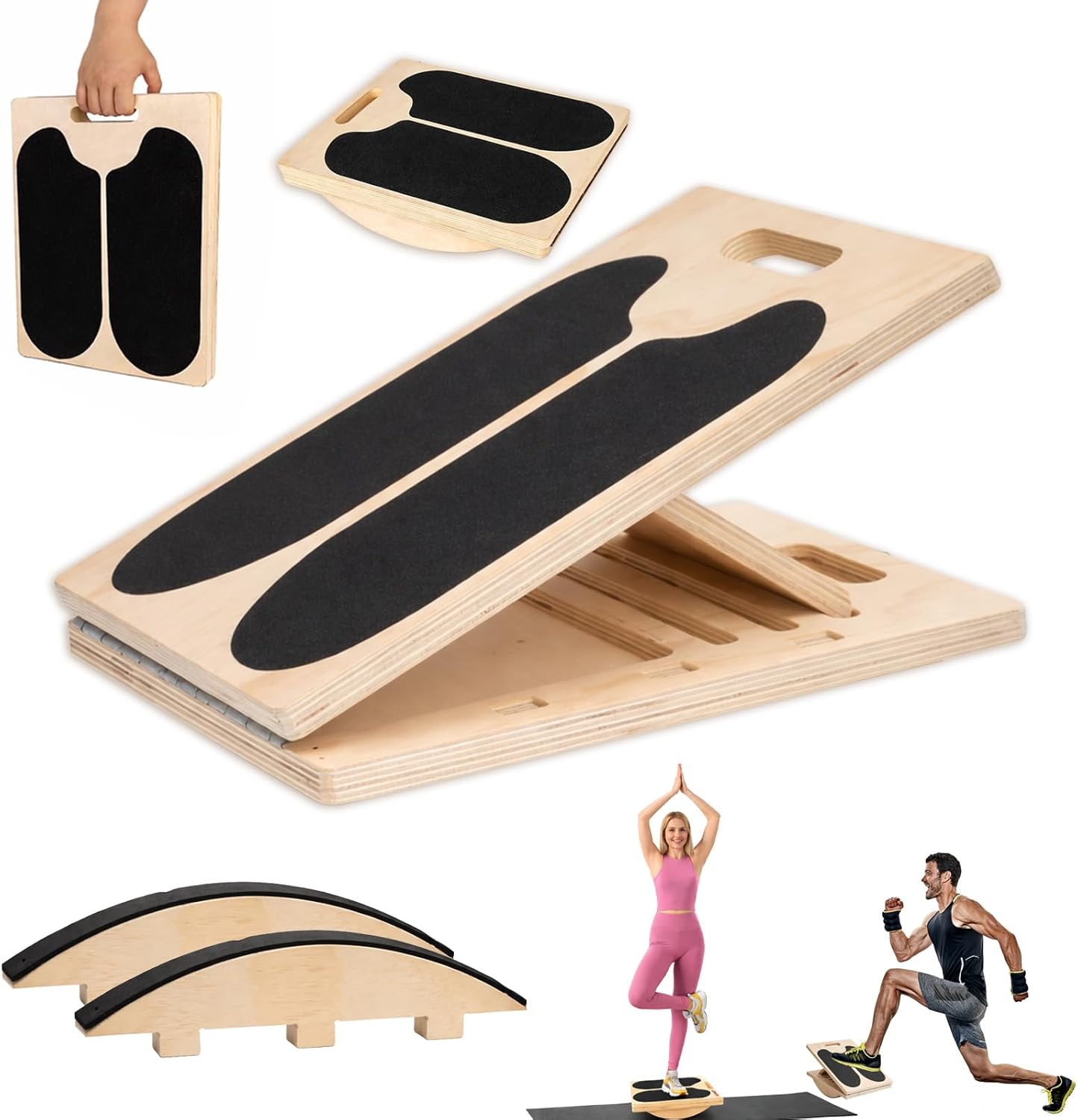 2-in-1 Slant & Balance Board, Wobble Board With Adjustable Incline Calf Stretcher & Ankle Mobility Trainer, Wooden Physical Therapy Equipment for Stability Training, Home Gym