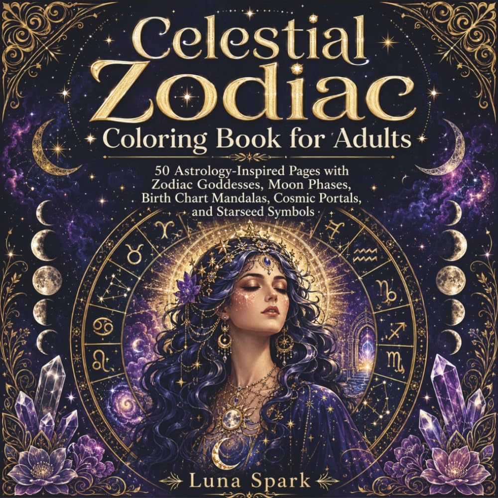 Celestial Zodiac Coloring Book for Adults: 50 Astrology-Inspired Pages with Zodiac Goddesses, Moon Phases, Birth Chart Mandalas, Cosmic Portals, and Starseed Symbols