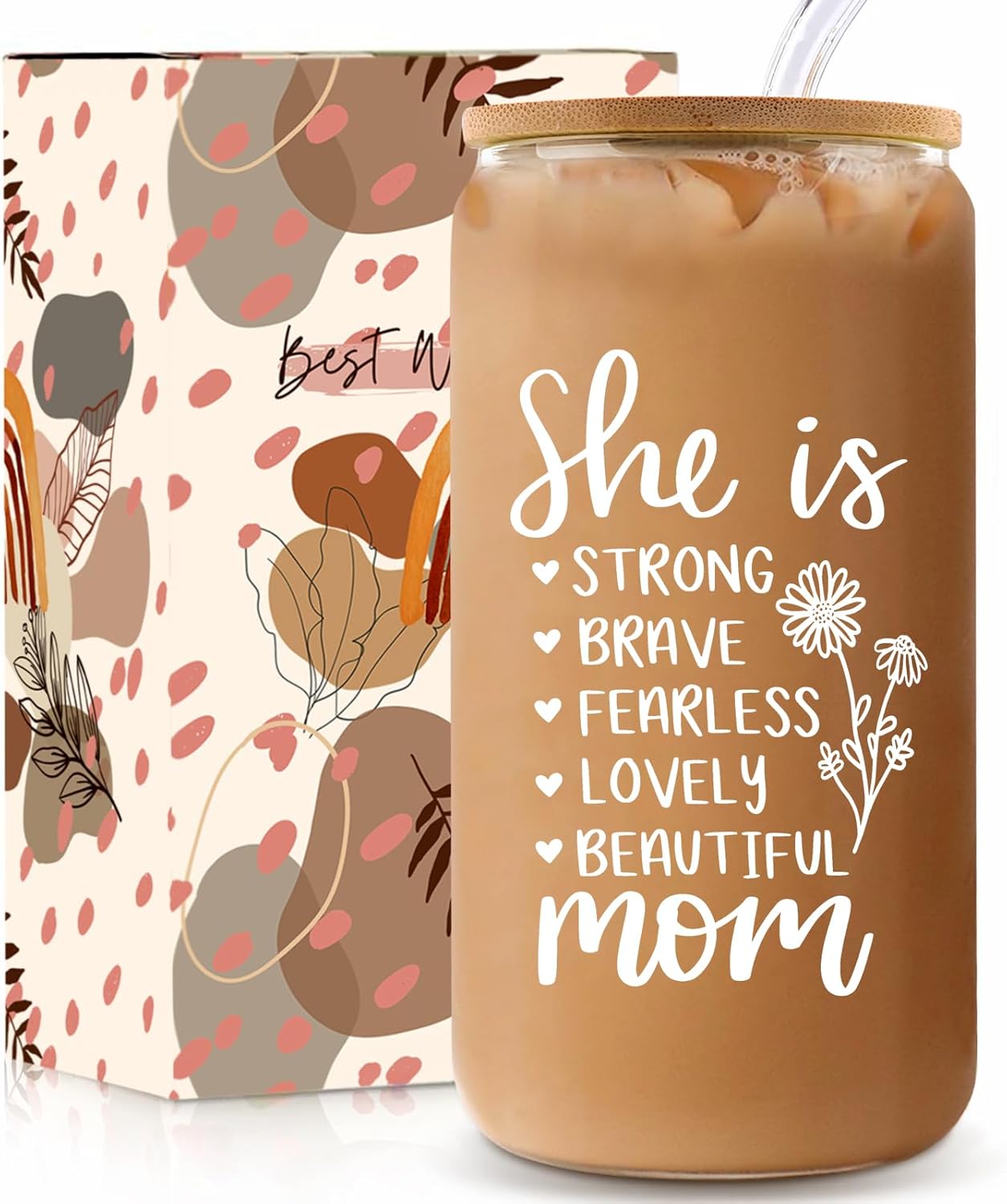 Mothers Day Gifts for Mom, Glass Cups with Lids And Straws, Unique Present Birthday Gift for Mom from Daughter Son Kids, Thank You Gift For Wife Sister Friend, 16oz Iced Coffee Cup