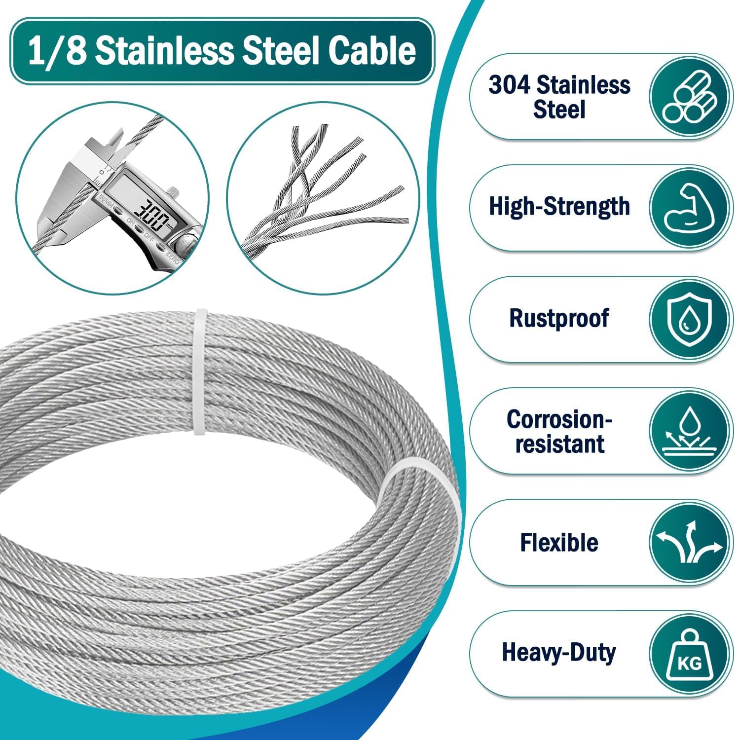 Kit di cavi in acciaio inossidabile da 3 mm e 50 m, con strumento di crimpatura e tagliacavi, per fai da te, recinzioni, luci a stringa
