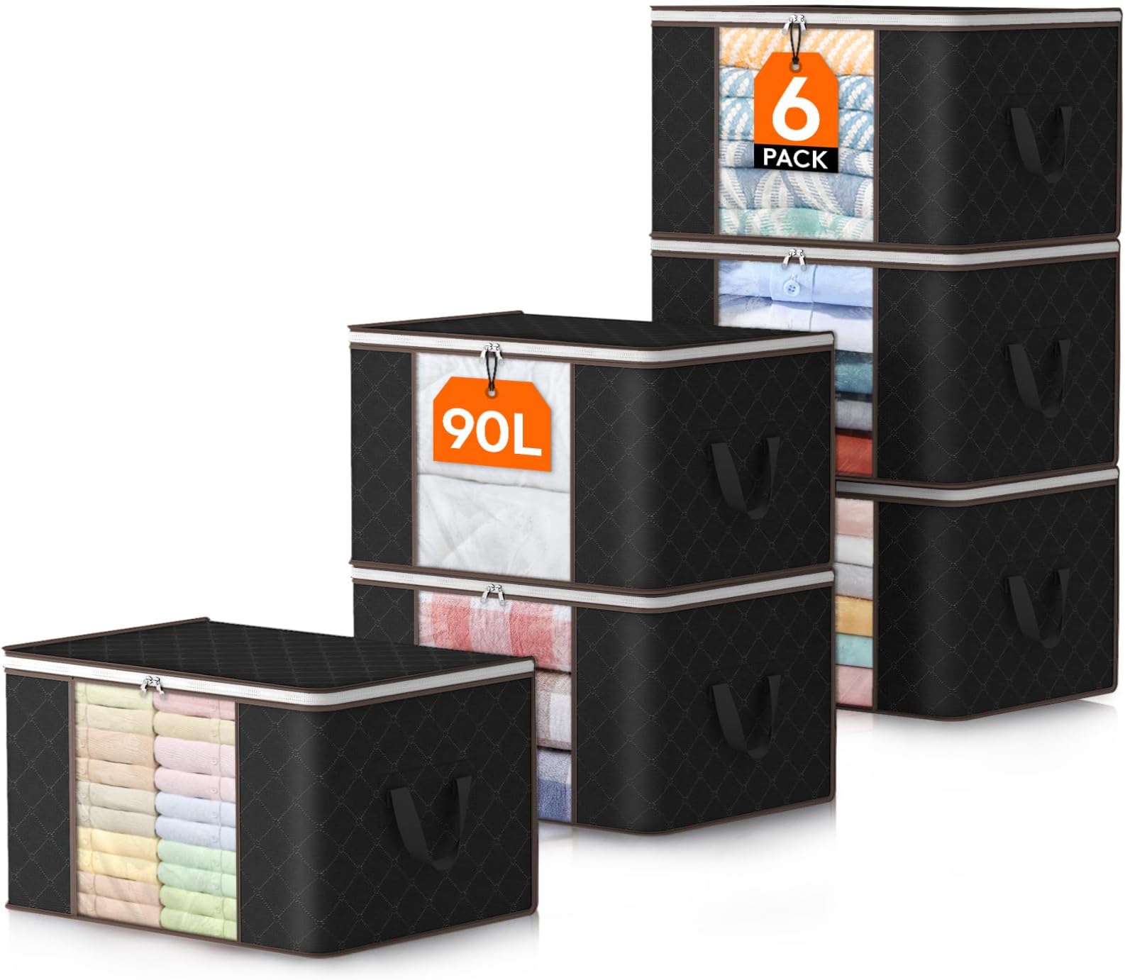 Lifewit 90L Large Storage Bags, 6 Pack Closet Organizers and Storage, Clothes Storage Bins with Lids, Foldable Storage Containers with Reinforced Handles for Clothing, Blanket Bedding Comforter Black