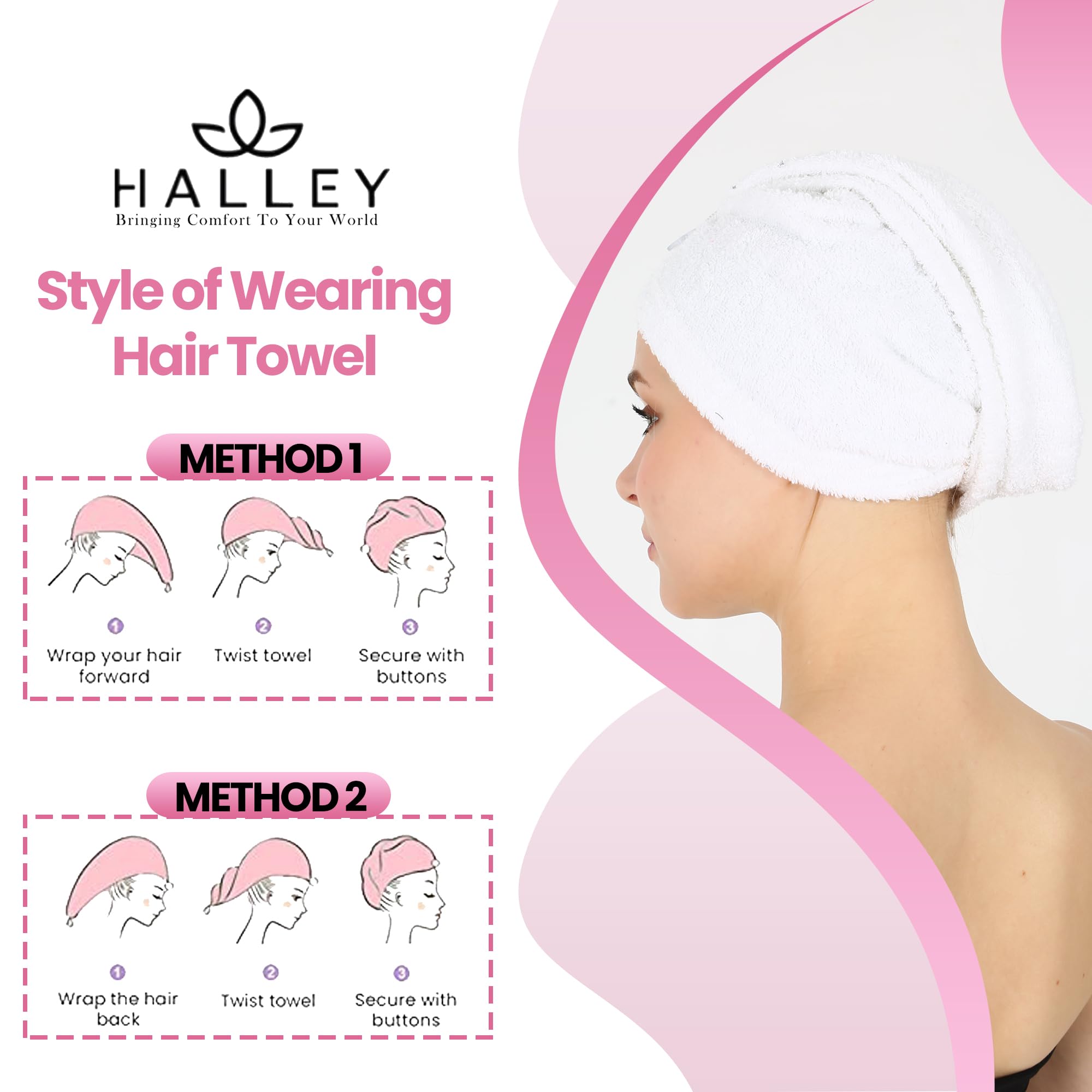 HALLEY Toalla de algodón para el cabello (3 paquetes), toalla de cabello súper absorbente de secado rápido para cabello grueso, turbantes para cabello húmedo con botón (blanco)