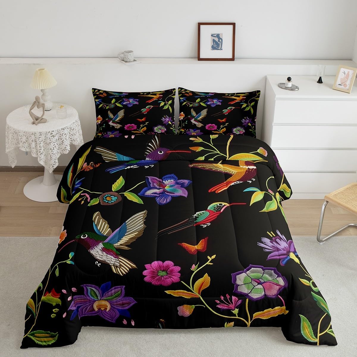 Feelyou Birds Comforter Set Queen Size Flowers Comforter for Boys Girls Teens Boho Bedding Set Breathable Black Duvet Set Room Decor Quilt Set