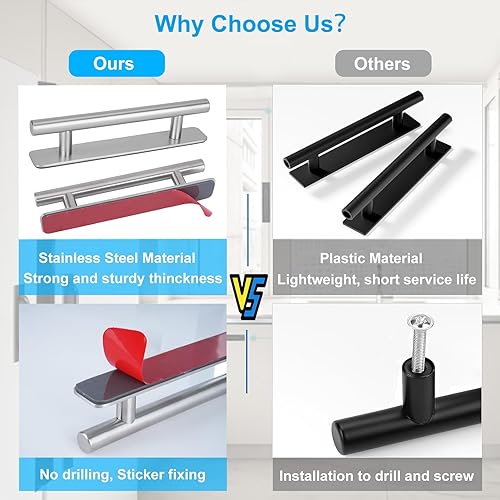 Miniatura 6 de Manijas autoadhesivas para cajones de gabinetes, manijas de puerta adhesivas de acero inoxidable de 5 pulgadas, diseño sin perforaciones, manija