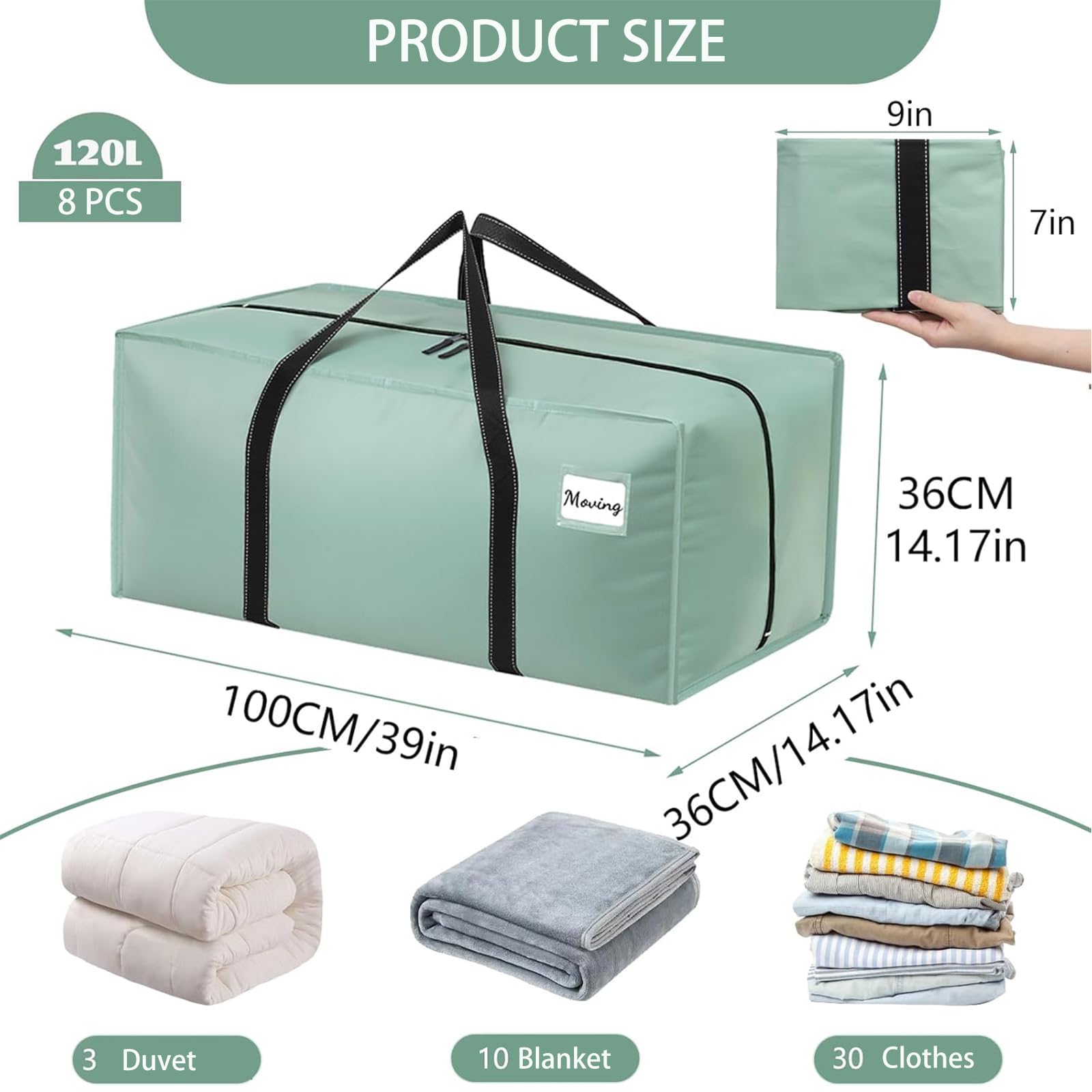 Dntorx Lot de 8 sacs de rangement de 120 l, sacs de déménagement robustes, imperméables, grands cartons de déménagement avec fermeture éclair, pliables, pour déménagement, camping, rangement des