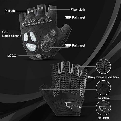 Miniatura 6 de ROCKBROS Guantes de ciclismo para hombres y mujeres con almohadilla antideslizante que absorbe los golpes, guantes de ciclismo sin dedos, ligeros y