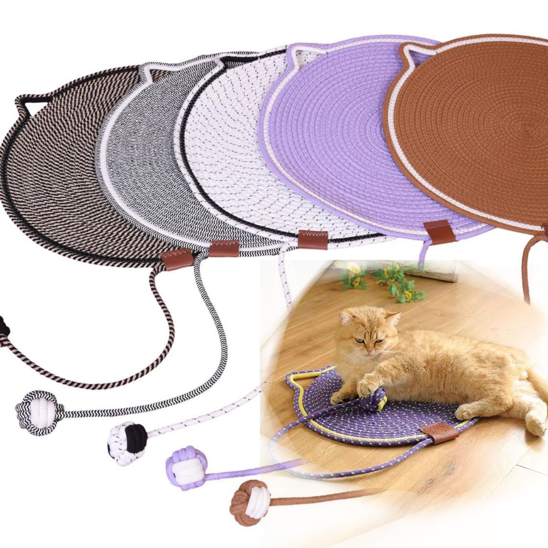 Clawloom Dual Scratching Pad for Cats - Extra Large Natural Cotton Rope Cat Scratching Mat with Interactive Ball Toy, Durable Cat Bed & Furniture Protector (White, 16.9in)