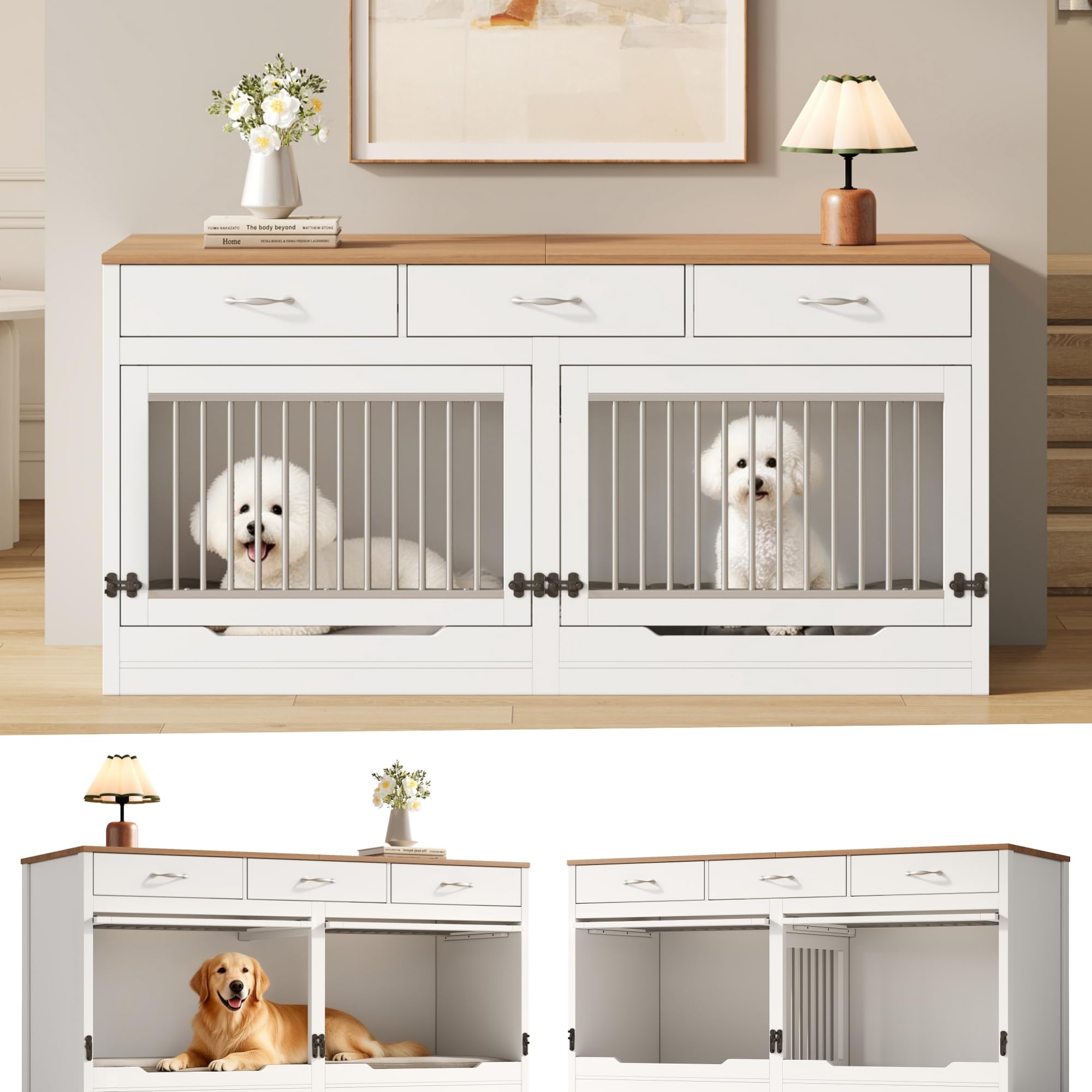 Gabbia per cani XXL, in legno e metallo, con 3 cassetti e 2 ante, cuccia interna per cani, per la casa, coperchio pieghevole, divisorio rimovibile (bianco + effetto legno)