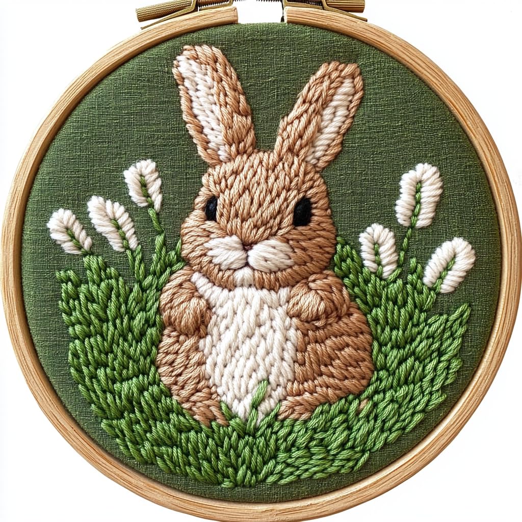 Punch Needle Kits Cartoon Baby Brown Rabbit in Grass Easy for Beginners DIY Punch Needle Yarn Starter Embroidery Set for Craft Lovers with Printed Pattern and Hoop for Home Decor 20x20cm