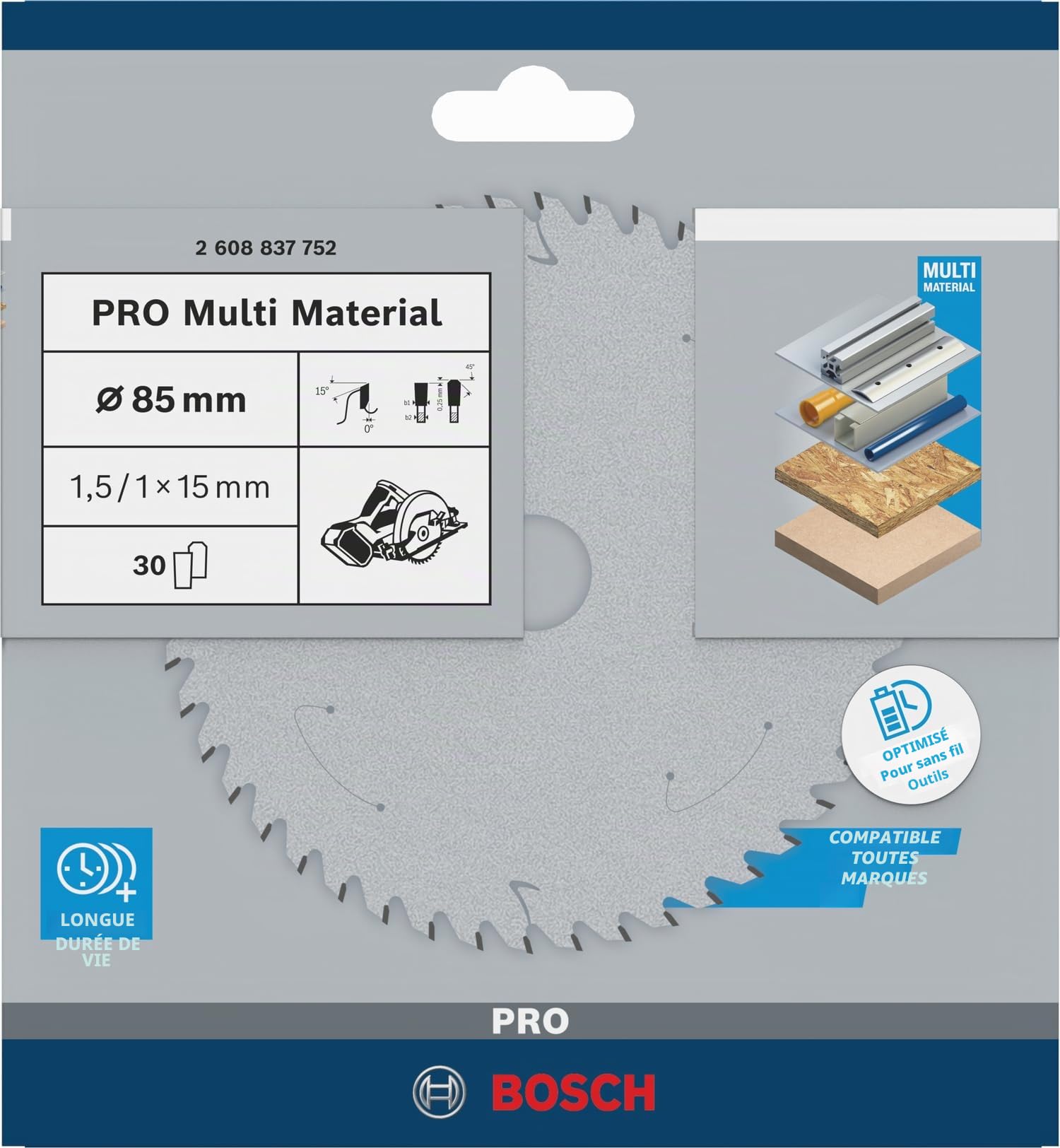 Bosch Professional 1x Lame de scie circulaire Standard for Multi Material (pour multi matériaux, 85 x 15 x 1,5 mm, 30 dents, accessoire de scie circulaire sans fil)