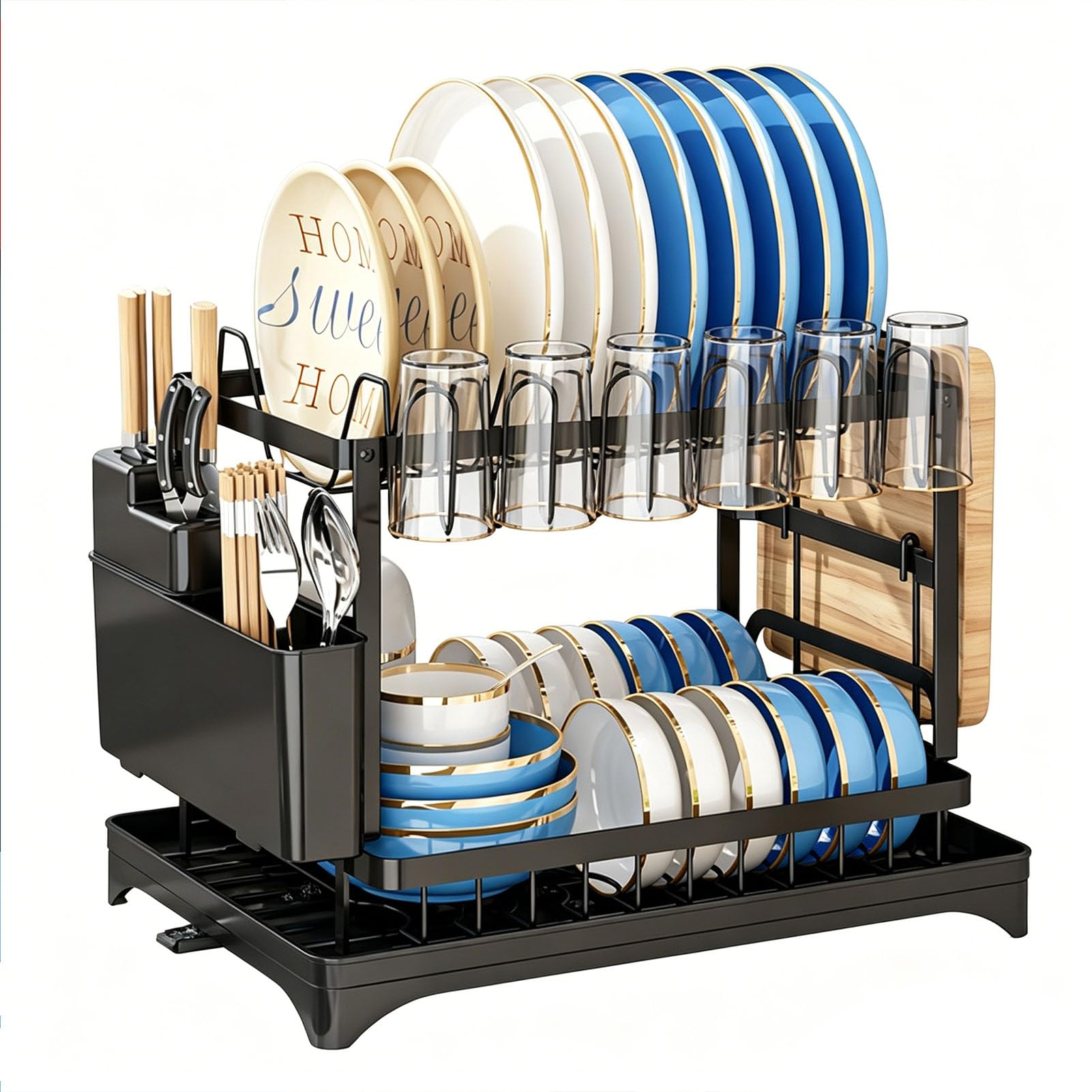 Tbatm Black 2 Tier Dish Rack With Drainboard And Swivel Spout, Utensil Holder Organizer, Kitchen Countertop Drainer For Dishes, Bowls, Cups And Cutlery,,Full Set Edition