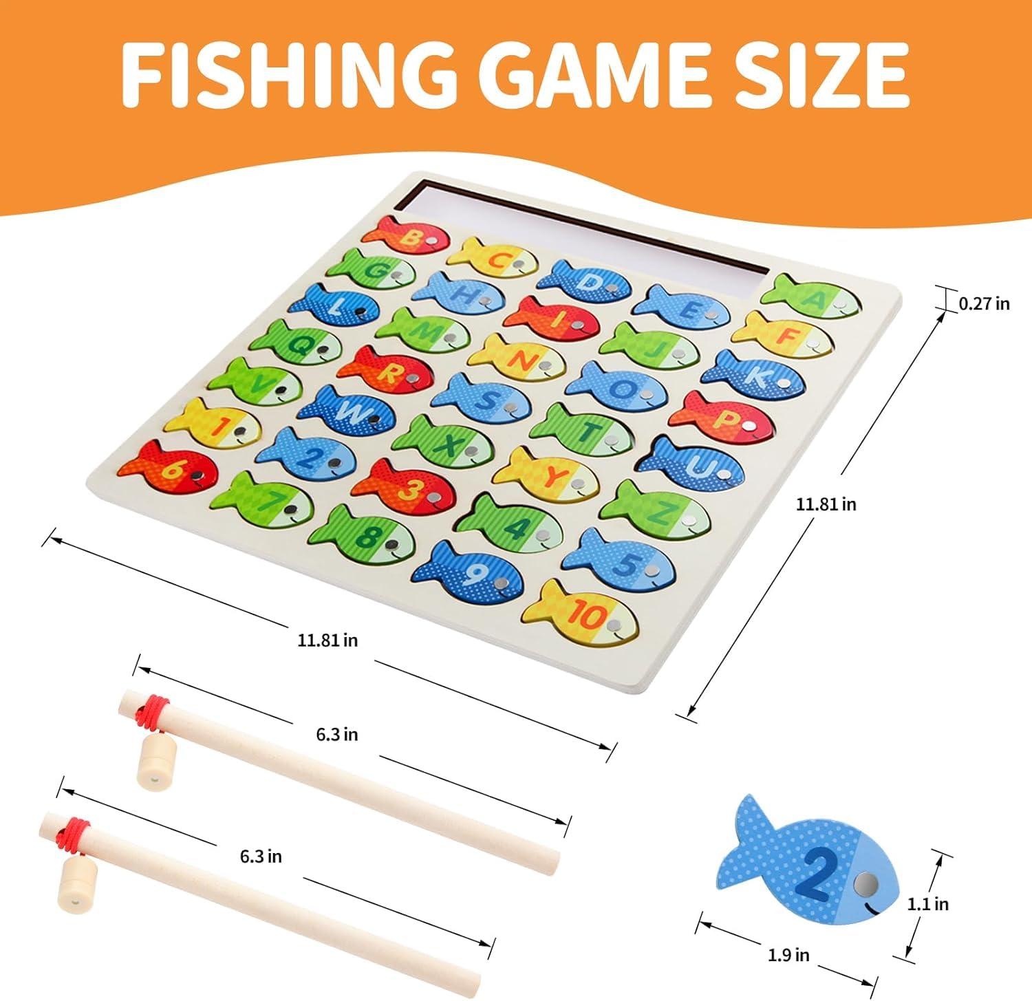 SHINETOY Magnetic Alphabet Numbers Fishing Game, Wooden ABC Letter Numbers 123 Color Matching Puzzle Fine Motor Montessori Educational Toy for Preschool 3 4 5 Year Old Toddlers, 2 Poles