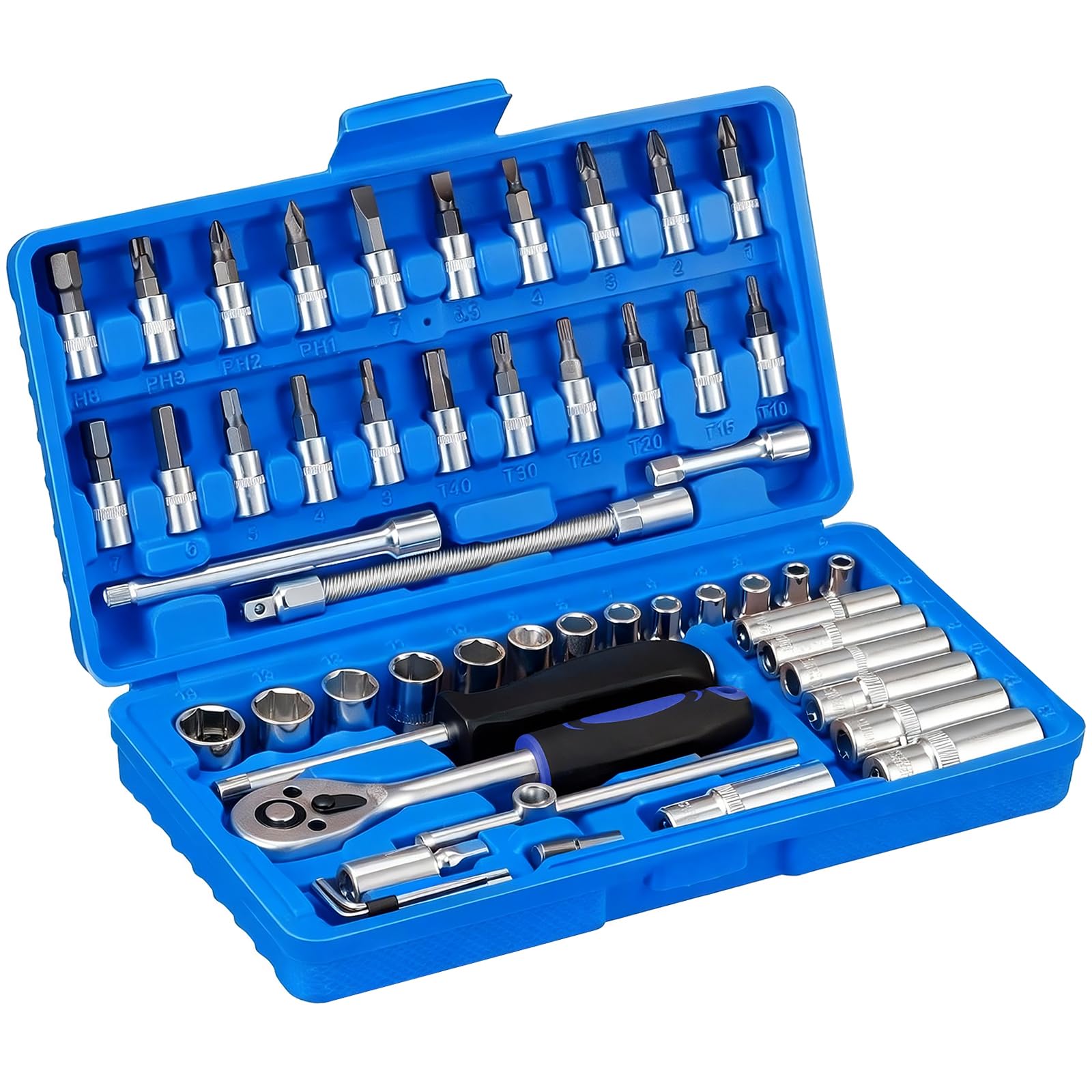 HSEAMALL 53-Piece Socket Wrench Set, 1/4" Drive Ratchet Tool Kit with Extension Bars, Universal Joint & Screwdriver Bits, CR-V Steel Socket Set for Car Repair, Furniture Assembly & Home DIY