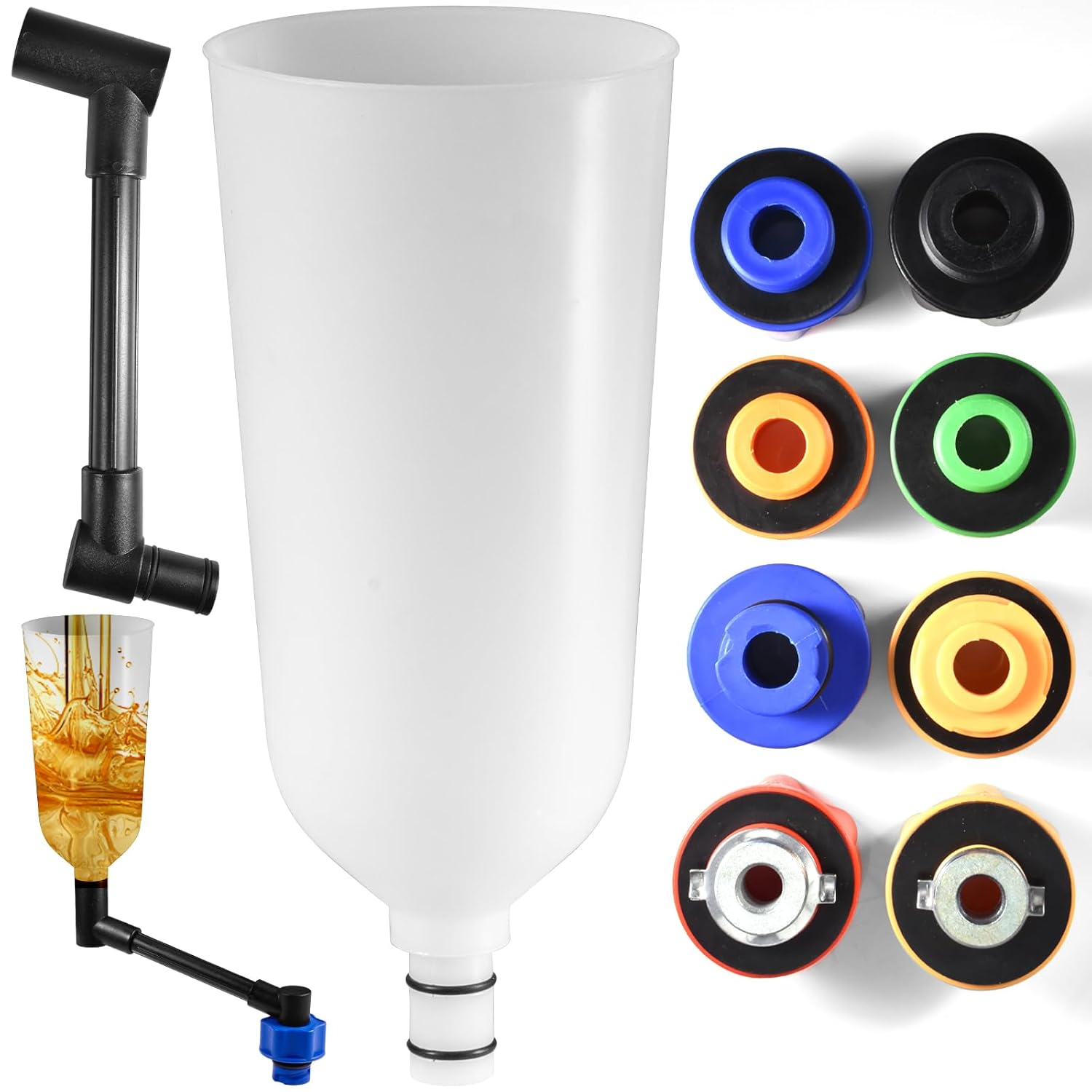 10-Piece Spill-Proof Engine Oil Funnel Set, 1.76QT (British Quart)/2L Automotive Oil Change Funnel w/ 8 Adapters