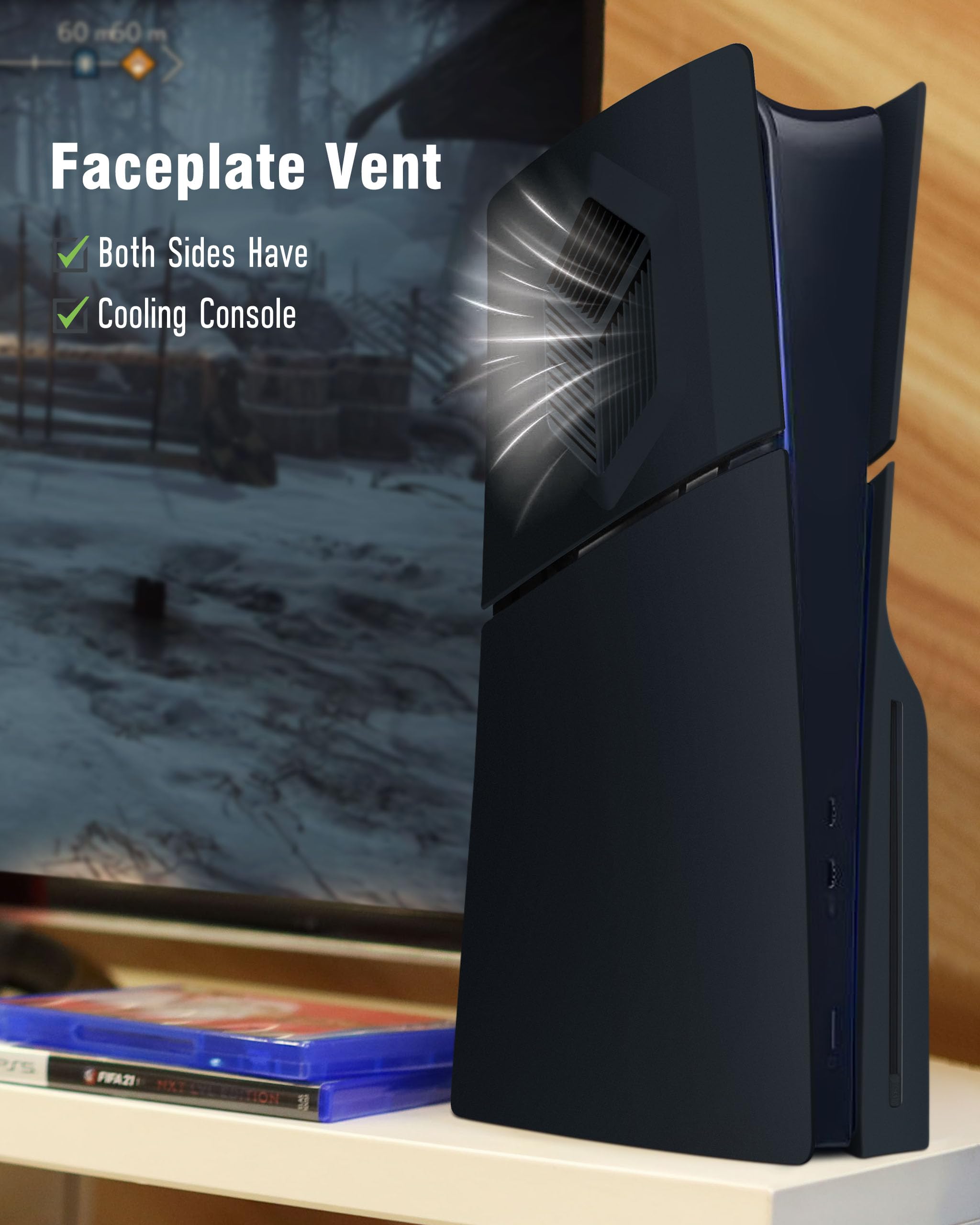 Joso - Placas Frontales para PS5 Slim Con Rejillas de Ventilación, Funda de Repuesto Antiarañazos y a Prueba de Polvo para PS5 Slim Disc Edition 4, Accesorios ABS Negros