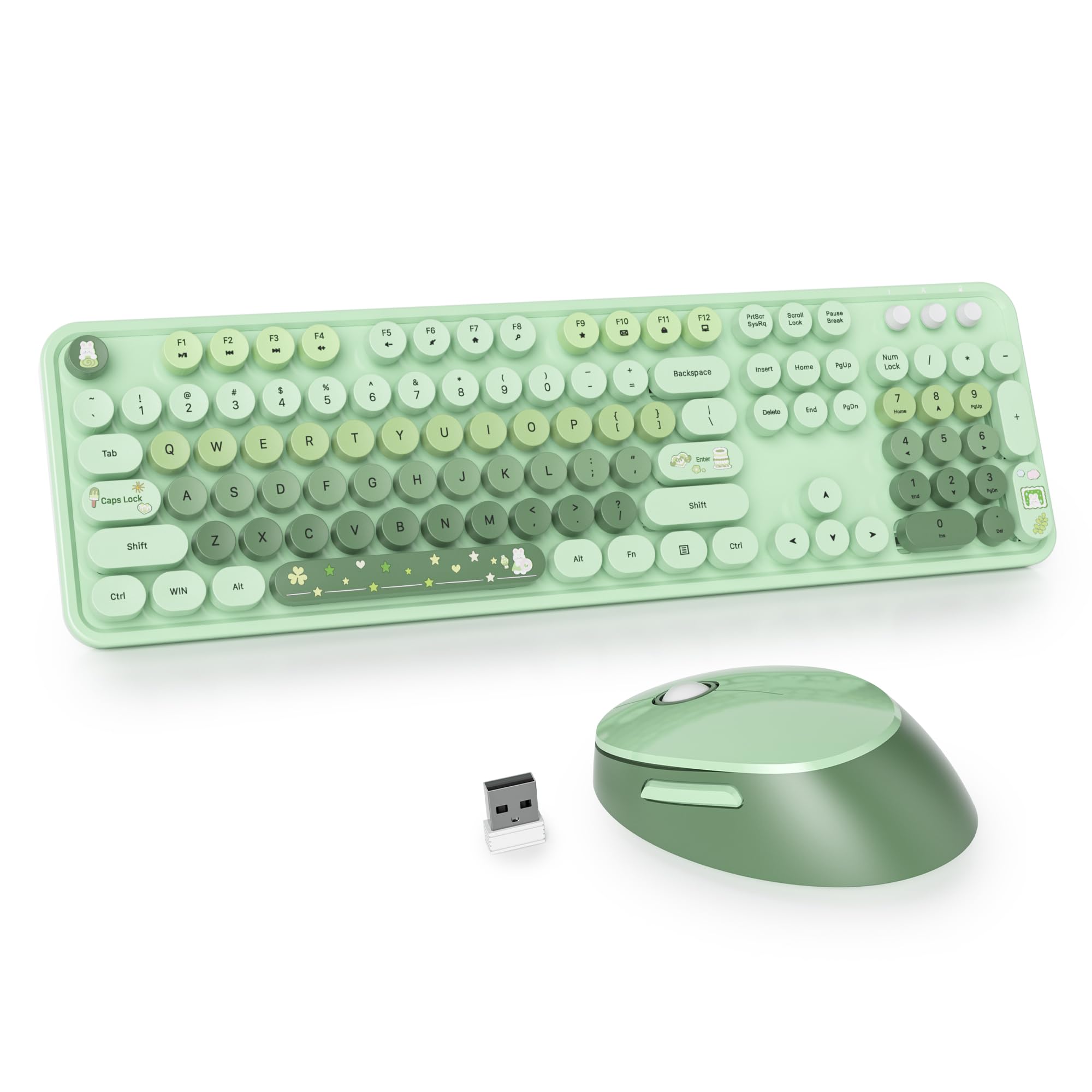 Owpkeenthy Colorful Green Keyboard and Mouse Wireless, 2.4G Retro Typewriter Aesthetic Cute Computer Keyboard Full-Size with Number Pad (Colorful