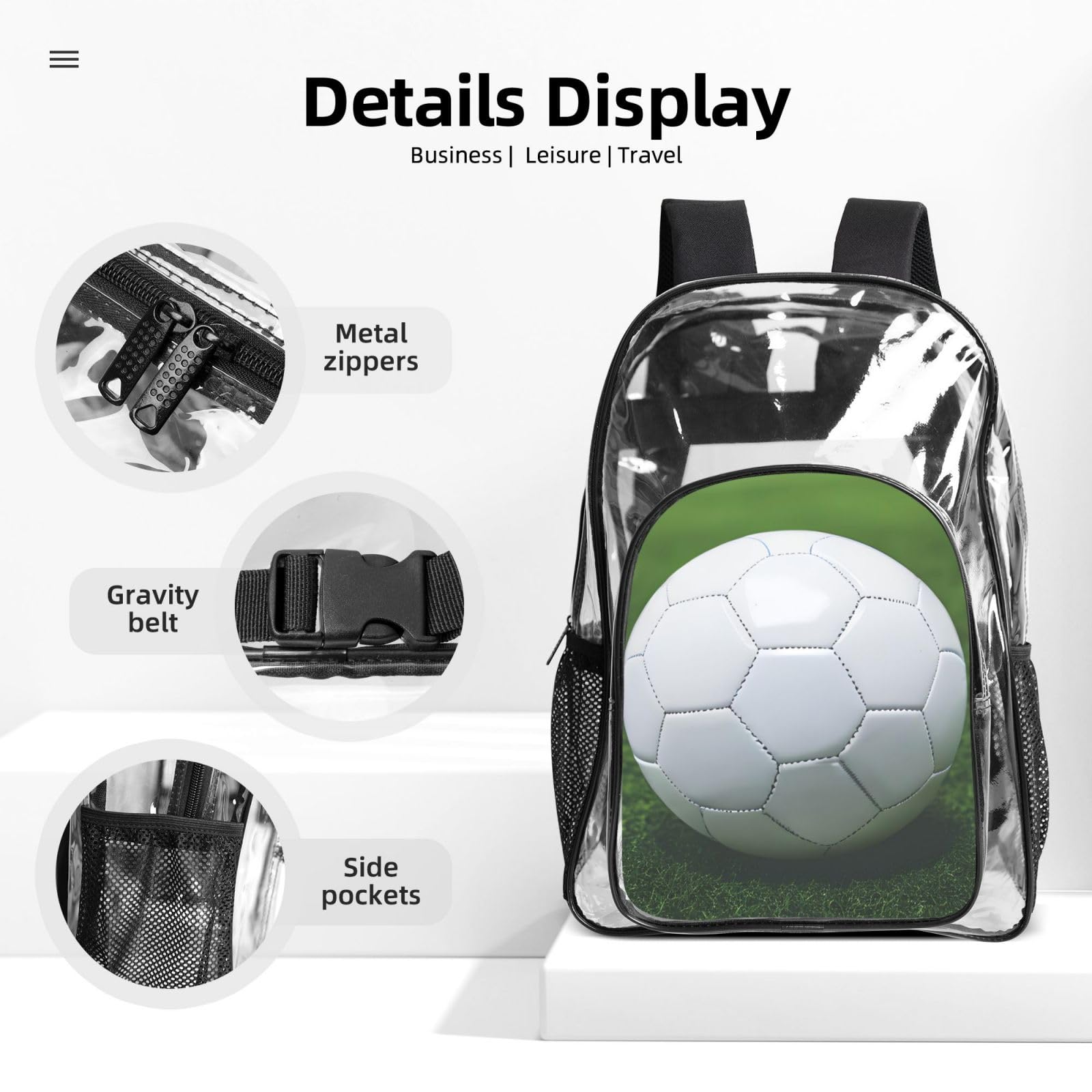 Juego de mochila 3 en 1 con estampado de balón deportivo de fútbol, bolsa transparente para eventos escolares, trabajo, estadio y transporte diario