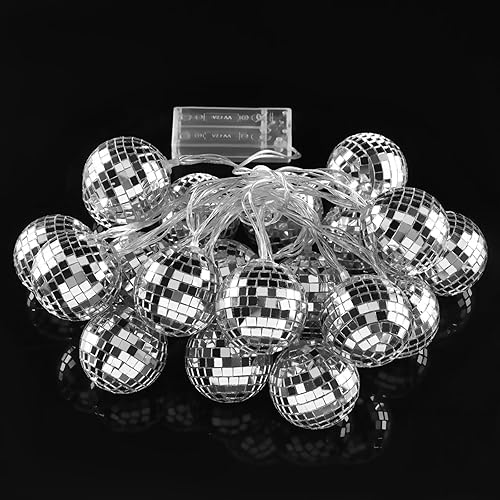 Miniatura 5 de BBTO Decoración de bola de discoteca LED de 9.84 pies de largo, adornos de bolas de discoteca de espejo de 1.57 pulgadas, funciona con pilas, mini