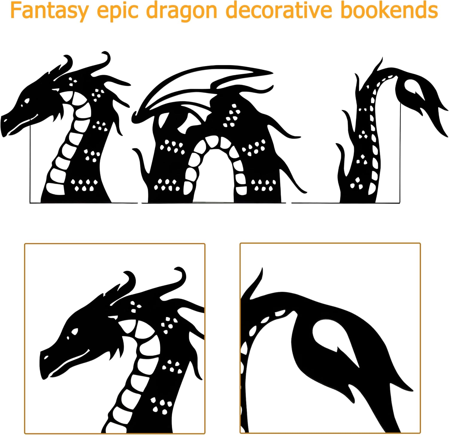Three Parts Fantasy Dragon Metal Book Ends, Dragon Decorative Bookends 30 x 6.5 inches, Black Fantasy Bookends for Shelfs