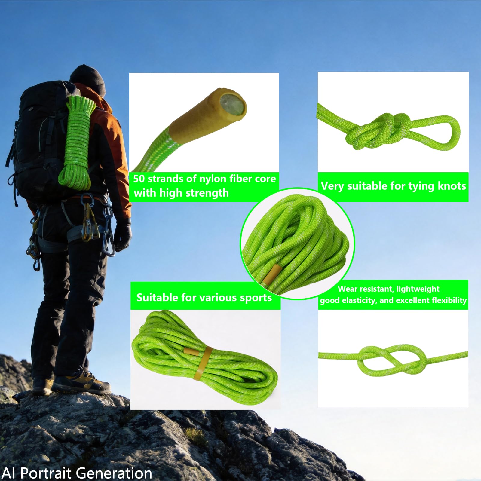 100m Statisches Kletterseil 10mm für Bergsteigen & Rettung, UIAA | Hochfestes Nylon , Abriebfest, UV-beständig, Fluoreszenzgrün, Für Klettern, Rettungseinsätze und Outdoor-Aktivitäten