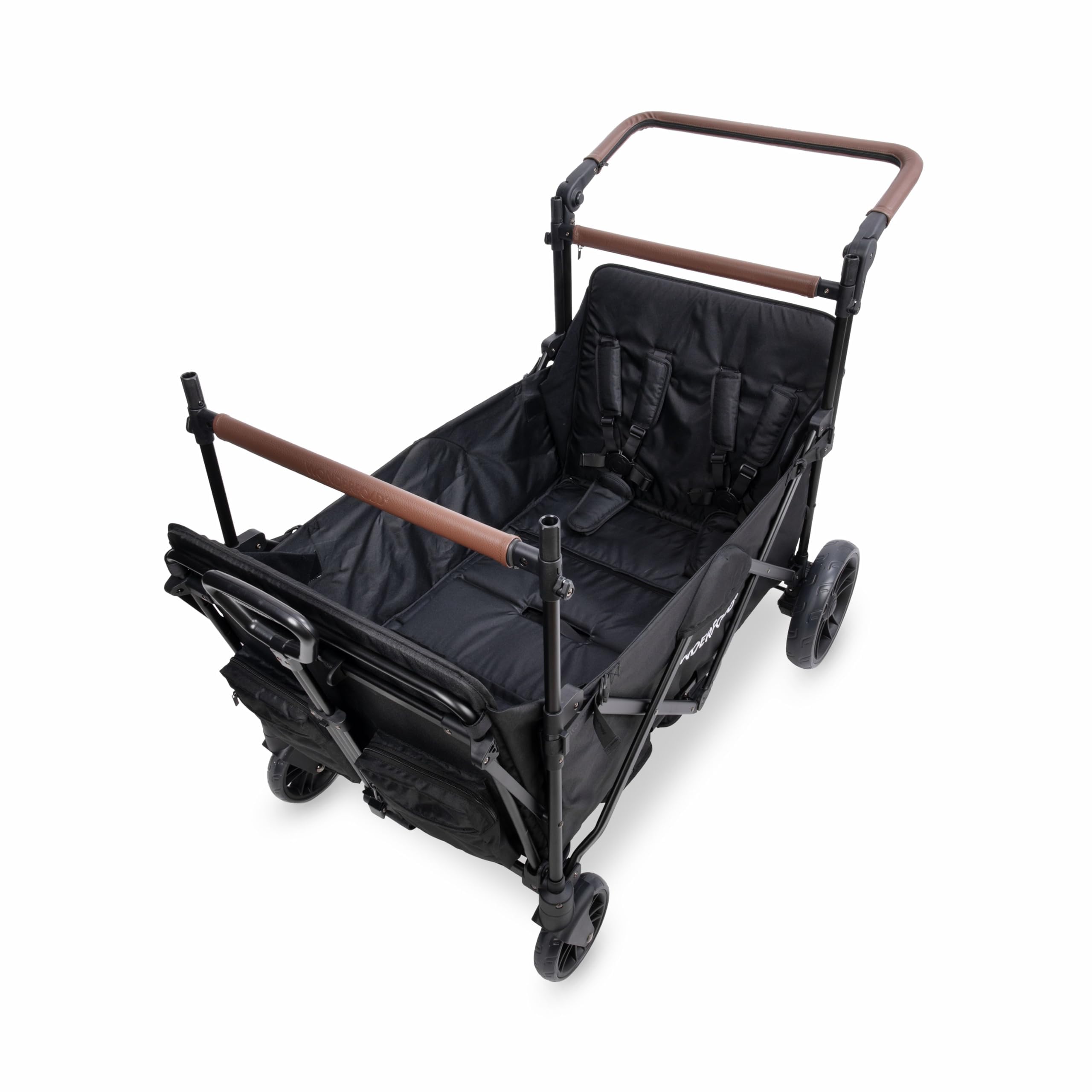 WONDERFOLD X4R Rev Passeggino Wagon (4 posti) – Passeggino pieghevole con cinture di sicurezza a 5 punti, sedili reclinabili e vano piedi, nero