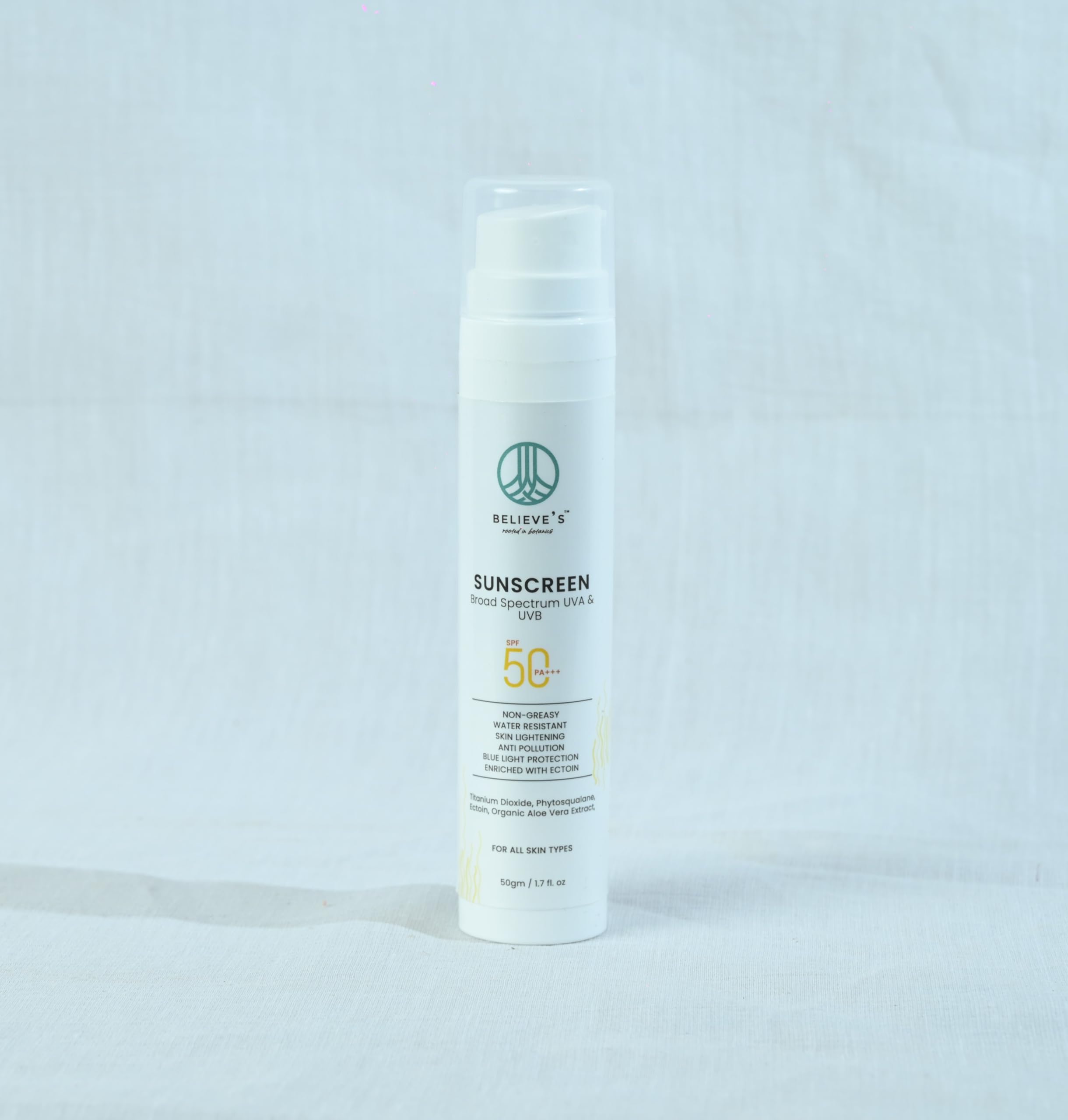 Believe’s Broad Spectrum Sunscreen SPF 50 with UVA and UVB Protection Lightweight Gel with Ectoin and Hyaluronic Acid Non-Greasy Hydrating 50 g