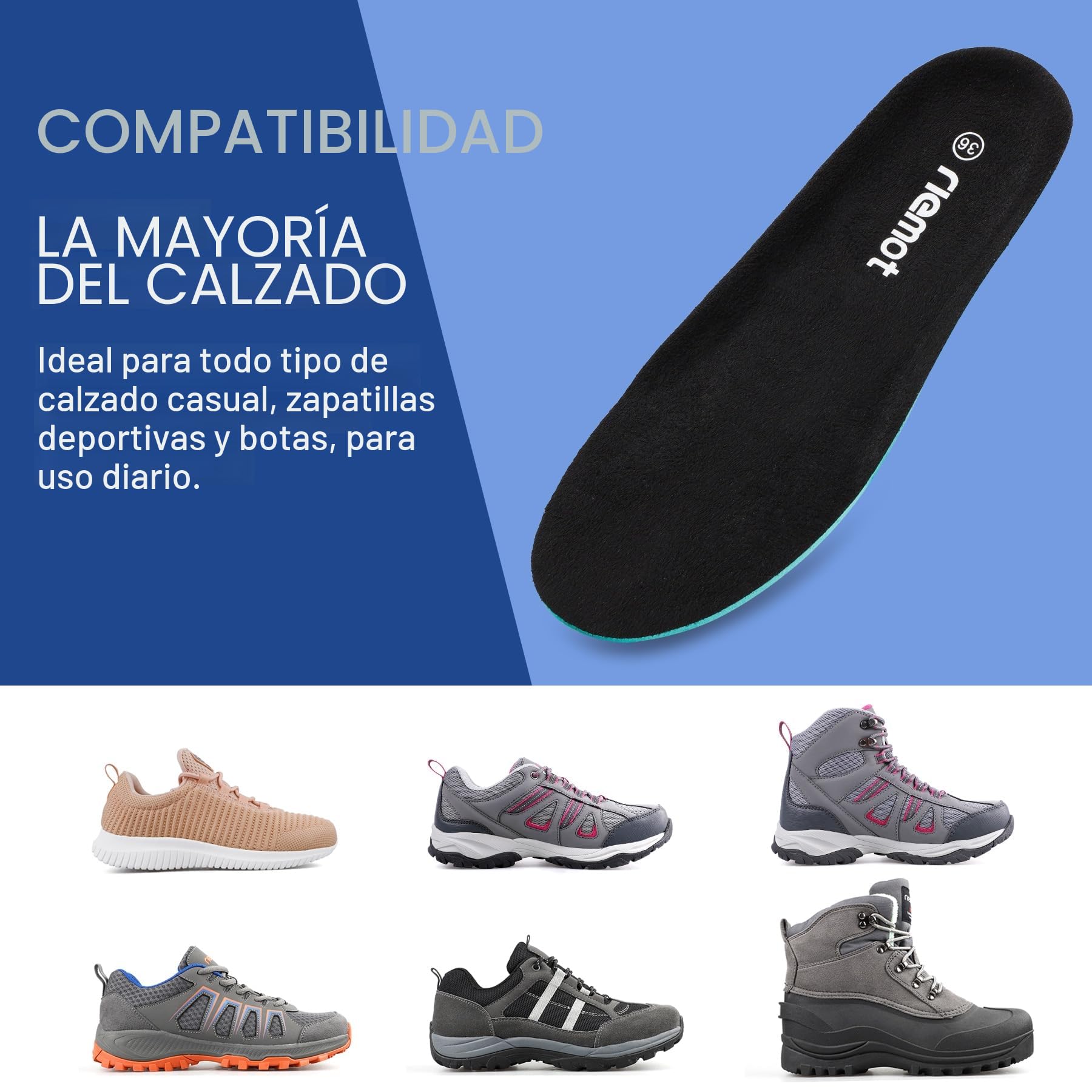 Riemot Plantillas Confortables de Reemplazo para Zapatos Hombres Mujeres, Plantillas Absorción de Impacto Amortiguación para Botas de Trabajo Zapatos para Correr Entrenadores