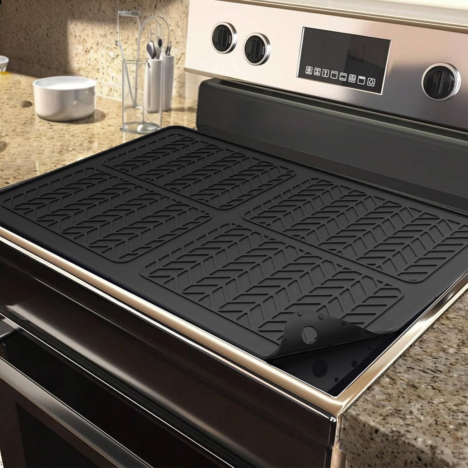 Stove Top Cover for Electric Stove-Silicone Stove Mat for Glass Top Stove,Glass stove top cover electric stove top covers for Kitchen,Raised Bottom Feet heat resistant for stove (Black)