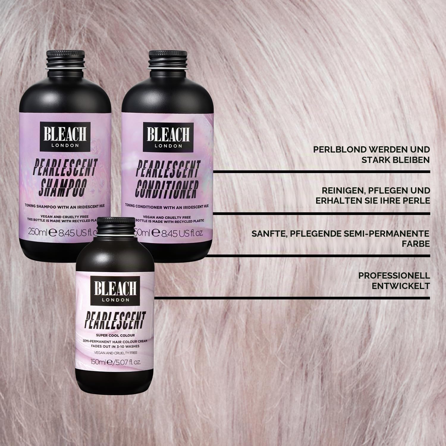 Bleach London Perlglanz-Haarfarbe, semi-permanent, 150 ml, Perlglanz-Shampoo 250 ml und Conditioner, 250 ml, Farbpflege-Set für ein Perlblond, 3 Stück