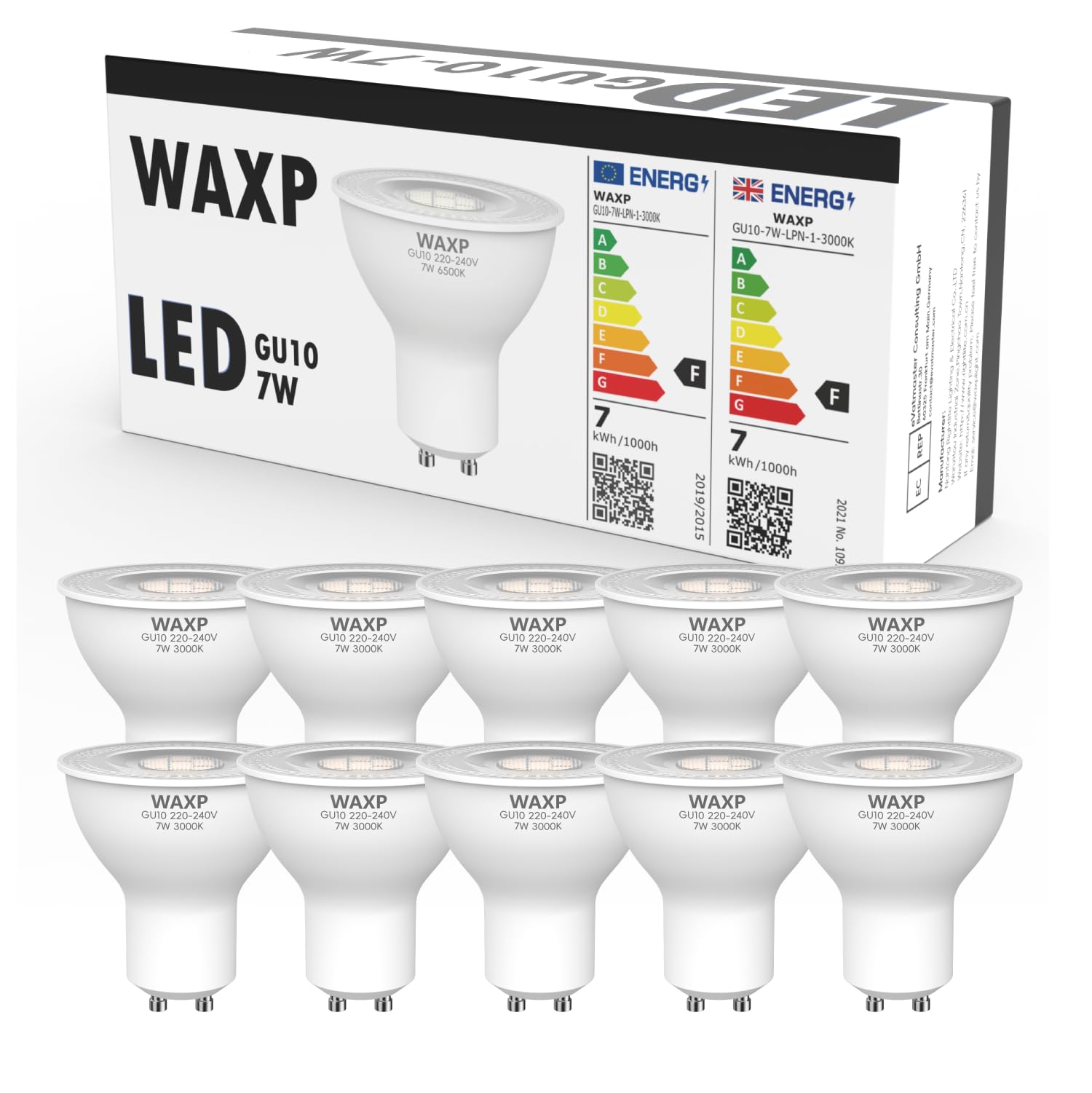 7W GU10 LED Bulbs Warm White, 3000K, No Flickering, 38° Beam Angle, 540lm Spotlight Bulbs, 50-60W Halogen Light Bulbs Equivalent, Non-Dimmable, 10 Pack