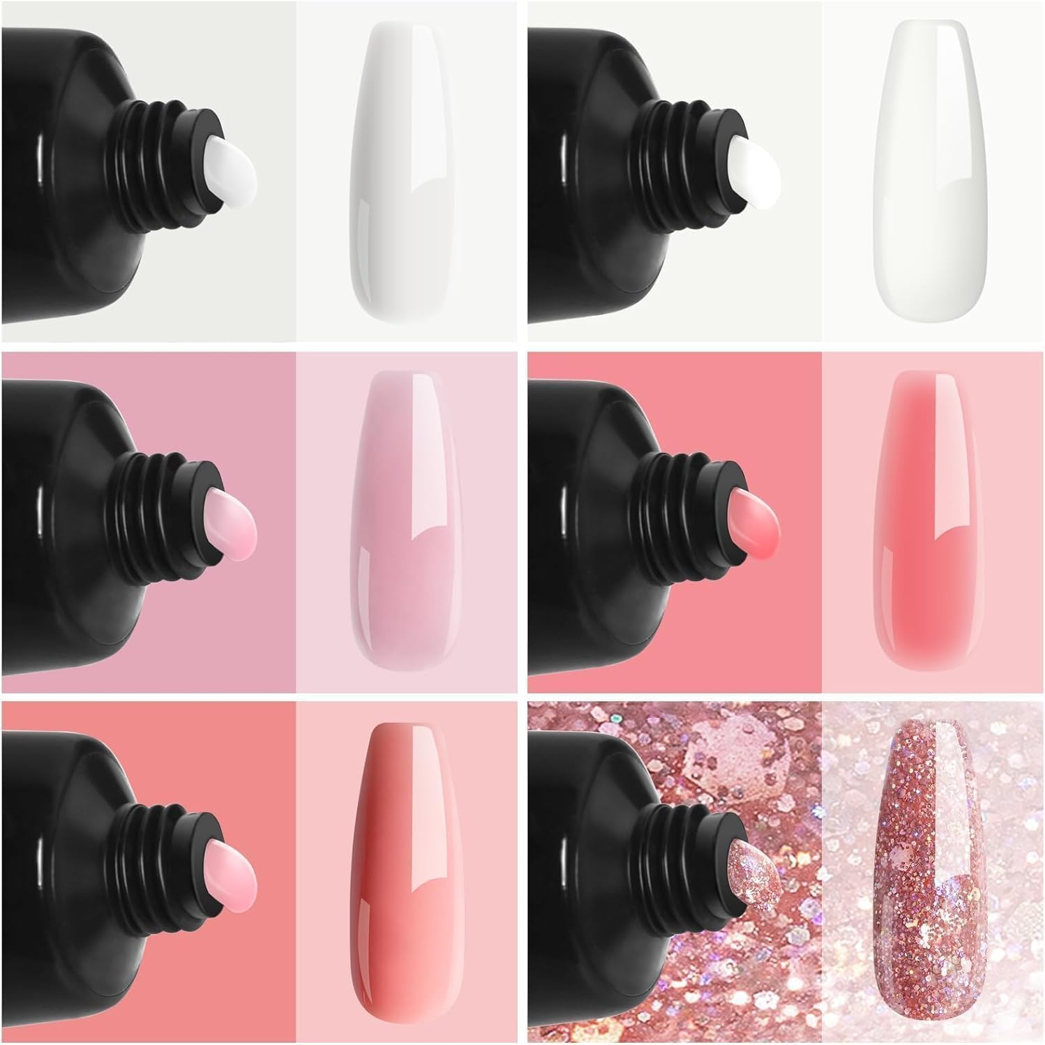 Phoenixy Kit Ricostruzione Unghie 6 Colori Gel Ricostruzione Unghie con Base e Top Coat Soluzione Slip Acrigel per Unghie Set Unghie Gel Ricostruzione Bianco Rosa 15ML