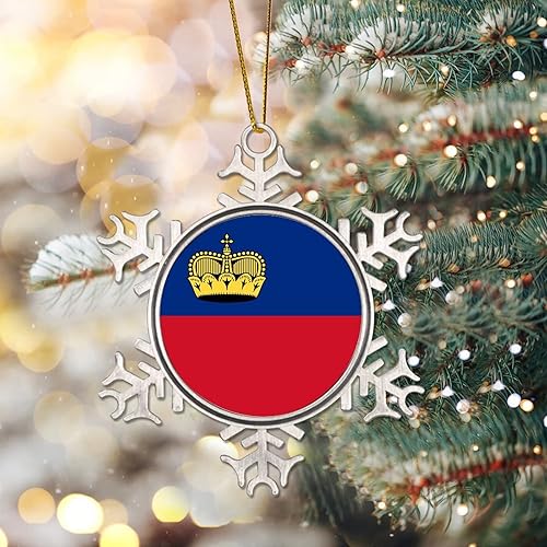 Miniatura 2 de Bandera nacional de peltre y copo de nieve, adornos de Navidad de la bandera de Liechtenstein, adornos para colgar en el árbol de Navidad,
