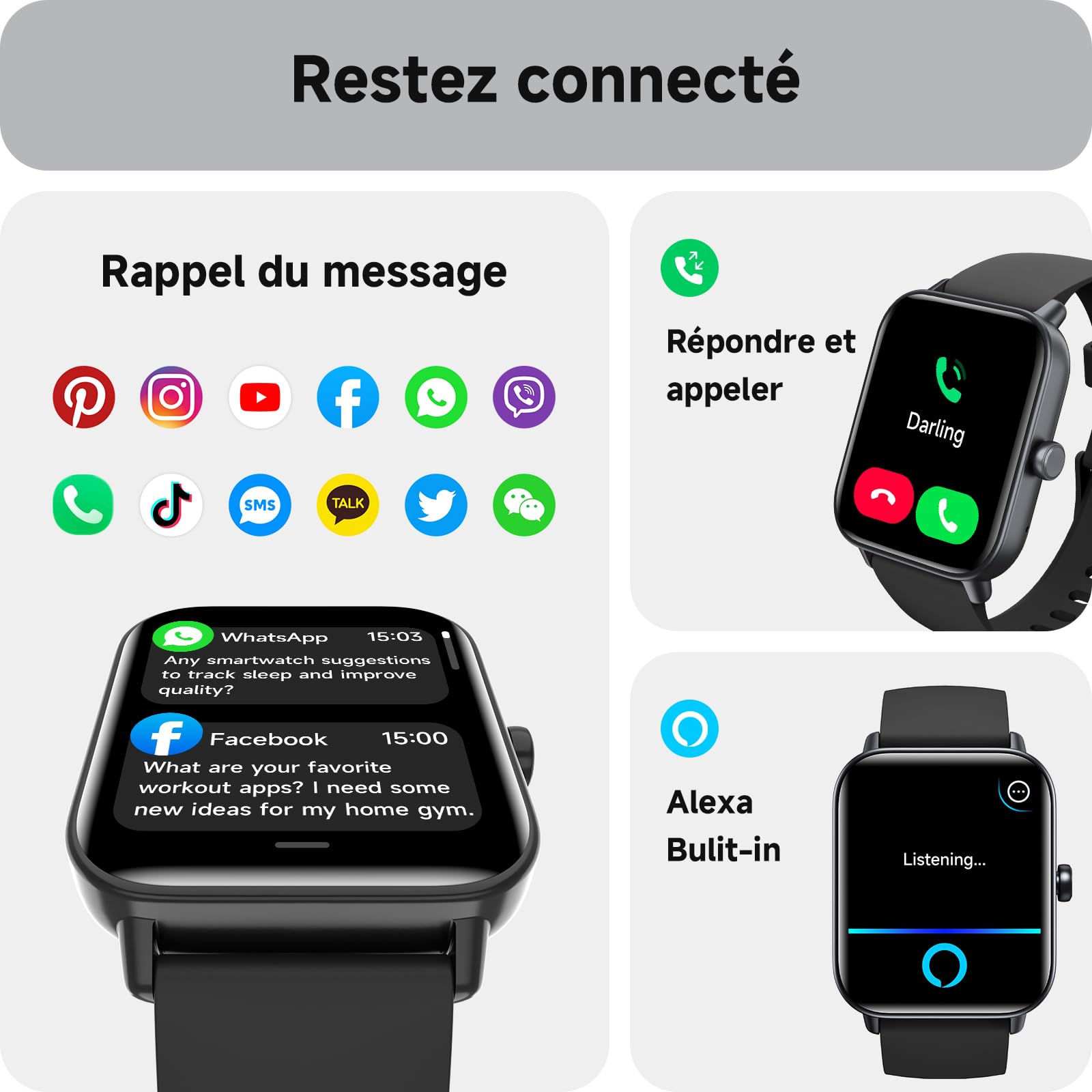 Montre Connectée Homme Femme avec Appel Bluetooth,1,85" Smartwatch avec Moniteur de Fréquence Cardiaque Sommeil,Montre de Sport 120+ Modes Podomètre Fitness Tracker,Montres pour Samsung/Android/iOS