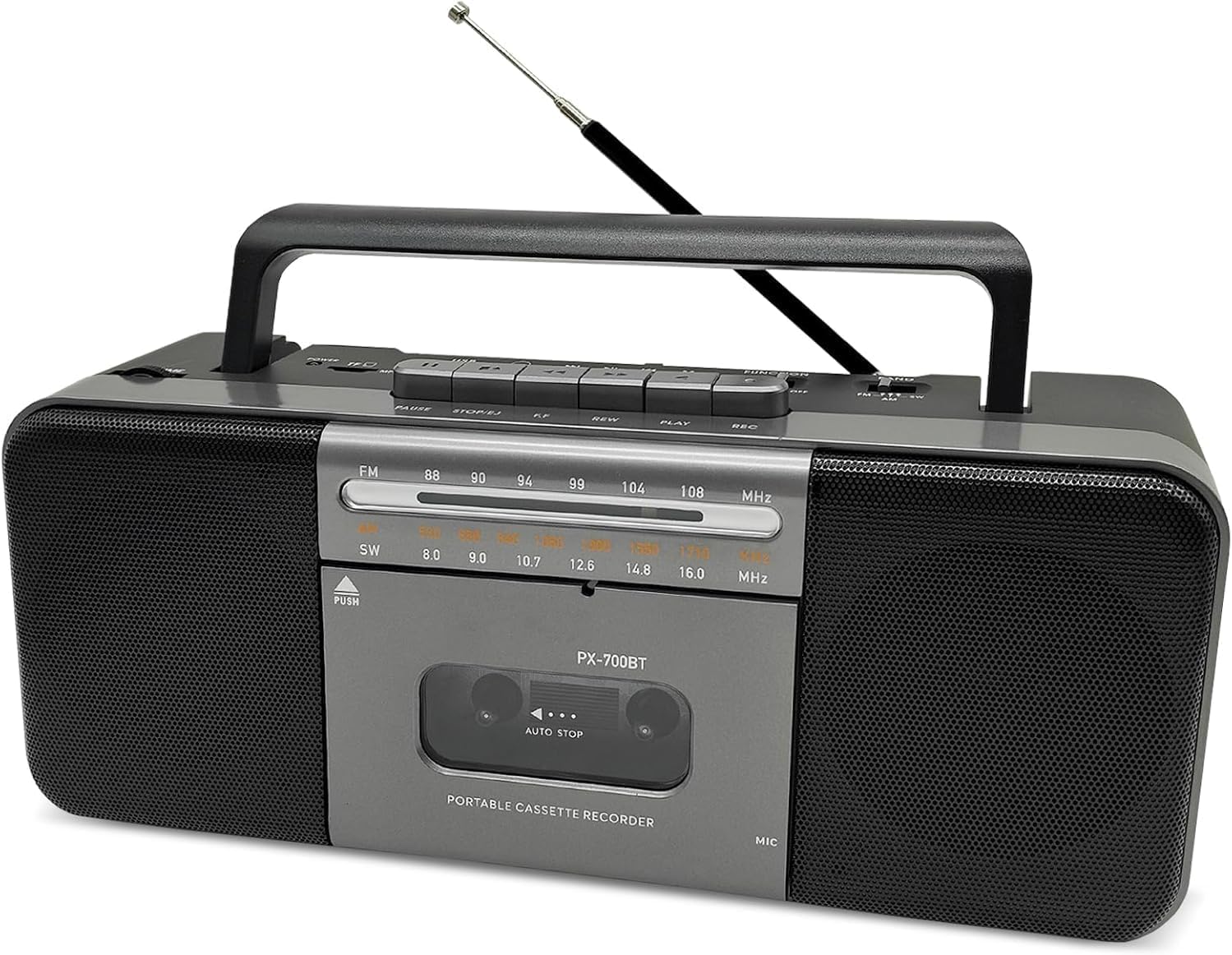 Tragbarer Bluetooth Kassettenspieler Boombox mit Kassettenrecorder, AM/FM/SW Radio, 10W Dual-Lautsprecher, USB/TF/MP3 Wiedergabe, Kopfhöreranschluss, Netz- & Batteriebetrieb - Grau