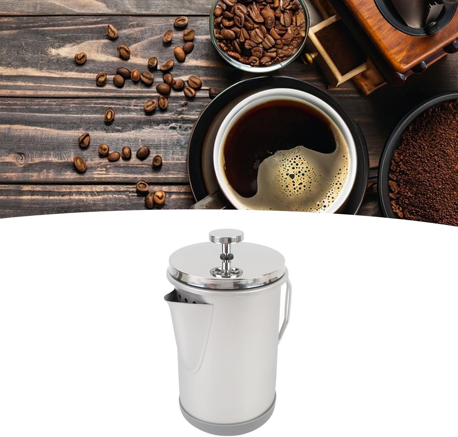 HURRISE French Press Coffee Maker Portable 304 Stainless Steel Hand Brewed Coffee Press Teapot for Camping 1000ml (Silver)