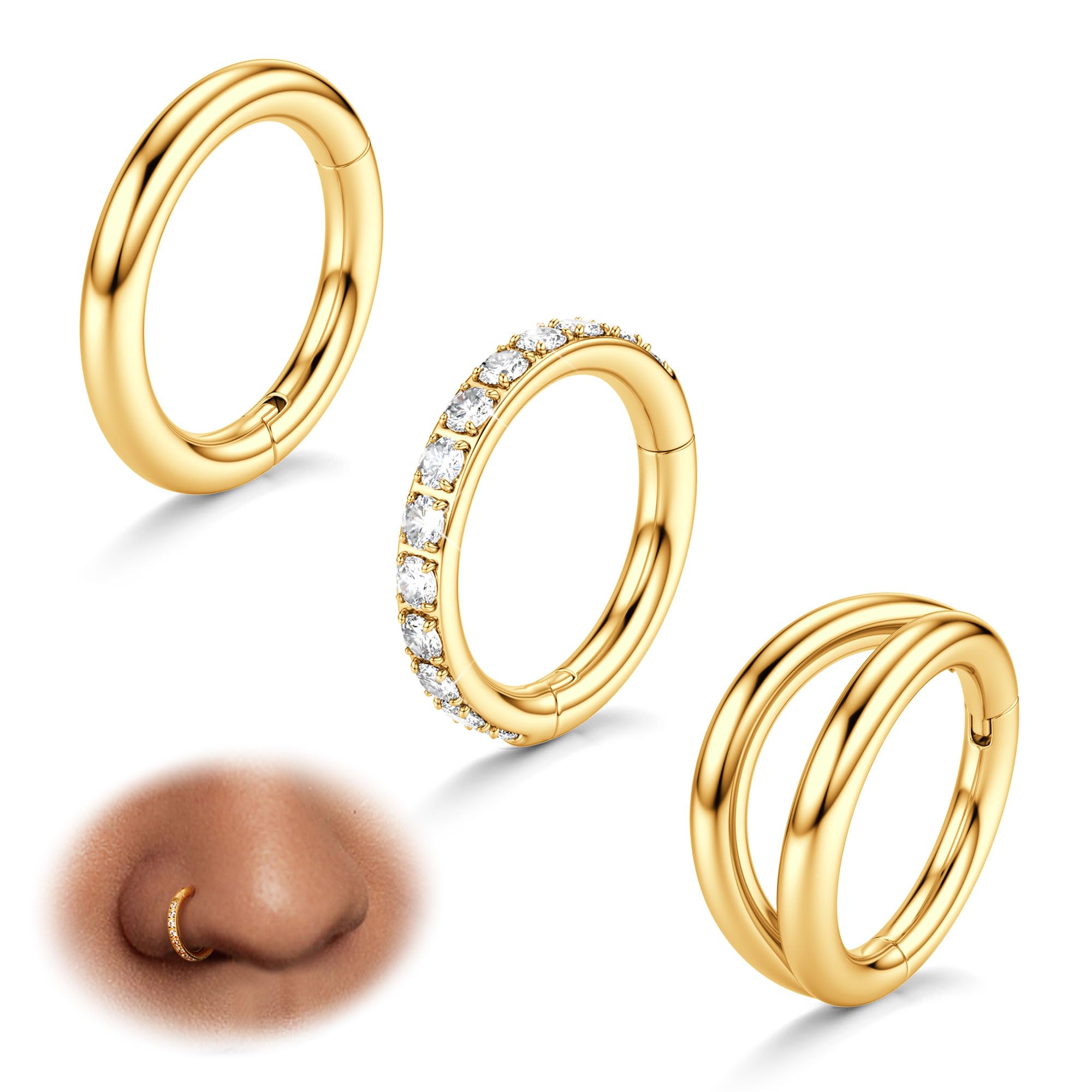 BodyBonita 3pcs Nose Rings Hoops - Double Hoop Nose Ring 14/16/18/20G Hinged CZ Piercing Jewelry Septum Clicker Rings Cartilage Earring Helix Rook Tragus Daith 7mm/8mm/9mm/10mm
