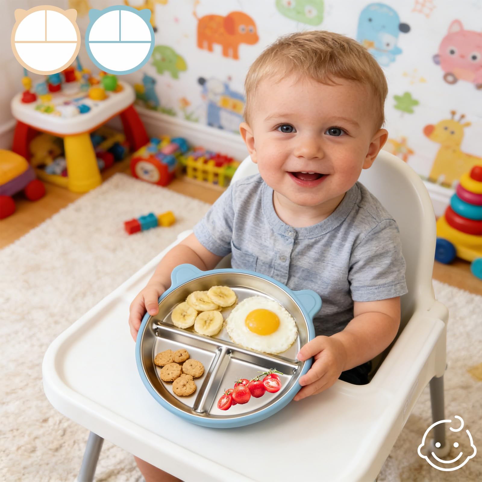 2 piatti per bambini in acciaio inox con ventosa, a prova di caduta, con custodia in silicone rimovibile, lavabili in lavastoviglie