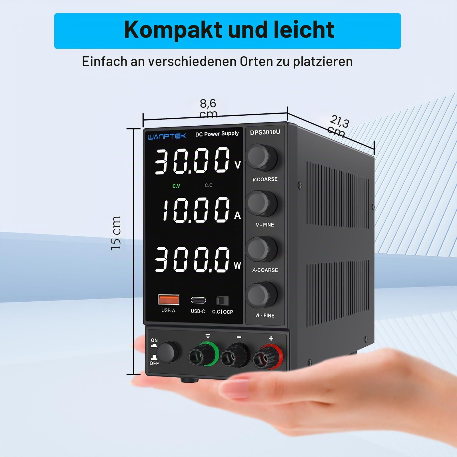Labornetzteil 30V 10A, Labornetzgerät mit OCP-Schutz/USB-A/Type-C Schnellladeanschluss, Variables DC Regelbares Netzgerät mit 4-Stellige LED-Anzeige Gebereinstellknopf
