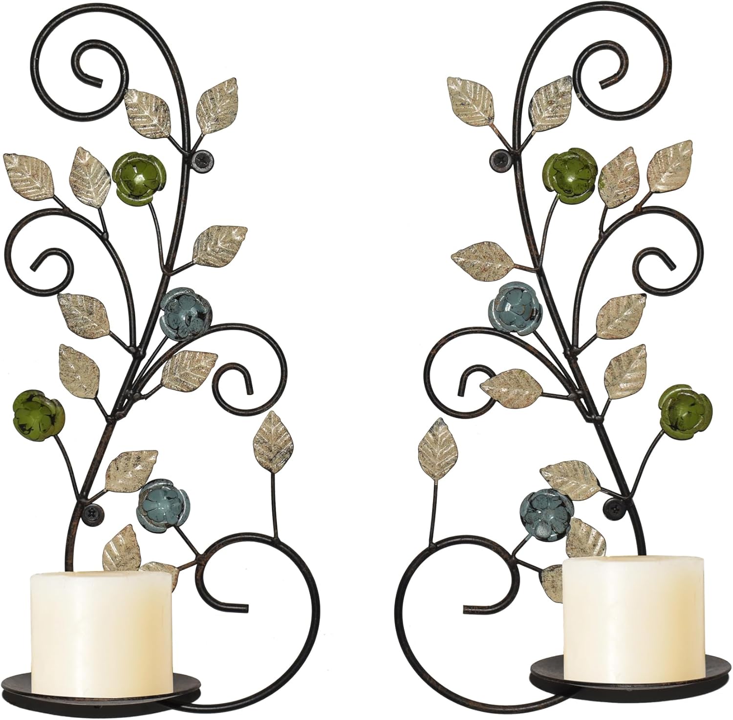 Wall Sconces Candle Holder Set of 2, Antique Multi-Color Leaf Branch Wall Mount Hanging Metal Wall Candle Holder Candle Sconce for Living Room Dining Room…