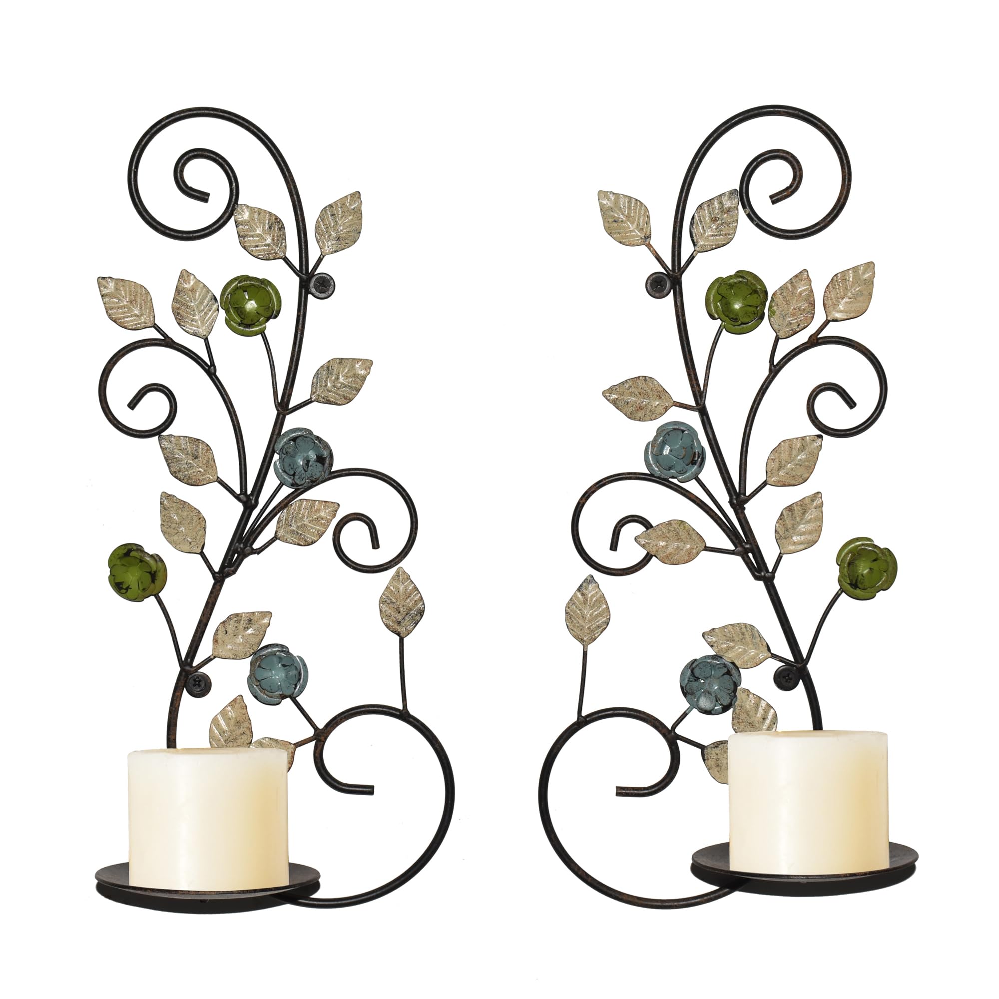 JUCONSIN Wall Sconces Candle Holder Set of 2, Antique Multi-Color Leaf Branch Wall Mount Hanging Metal Wall Candle Holder Candle Sconce for Living Room Dining Room