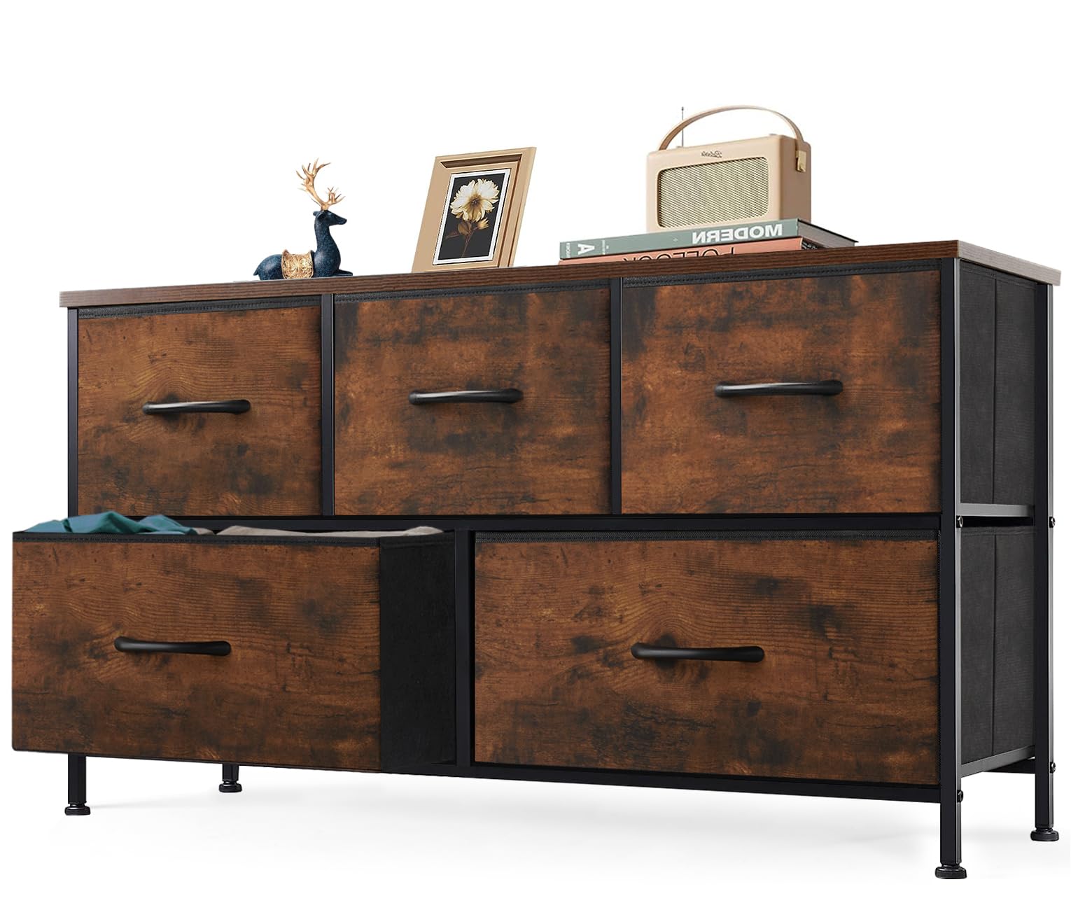 Dresser, Dresser for Bedroom, Storage Drawers, Wide Dresser Fabric Storage Tower with 5 Drawers, Chest of Drawers with Fabric Bins, Steel Frame, Wooden Top for Kid Room, Closet, Entryway, Nursery