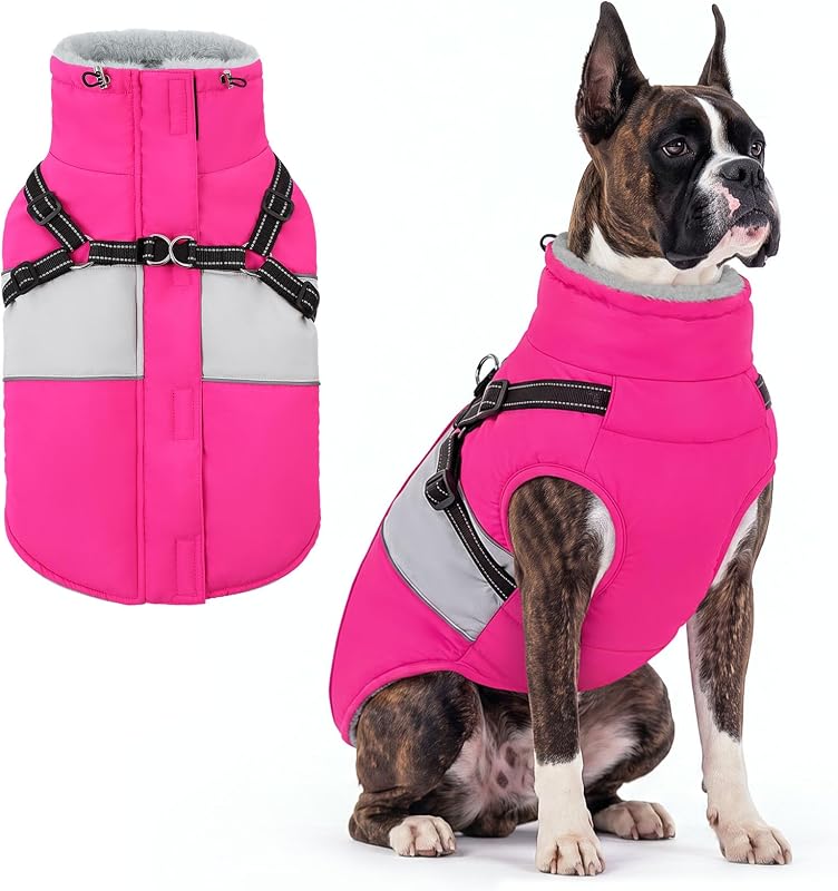 Casaco de Inverno para Cães AOFITEE com Coleira de Fleece, Peitoral Integrado e Faixas Refletivas Rosa-Vermelho XS