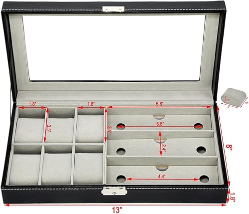 Miniatura 3 de AUTOARK Caja de cuero para 6 relojes y 3 lentes y lentes de sol con organizador de joyas cajas de almacenamiento para hombres y mujeres tapa de